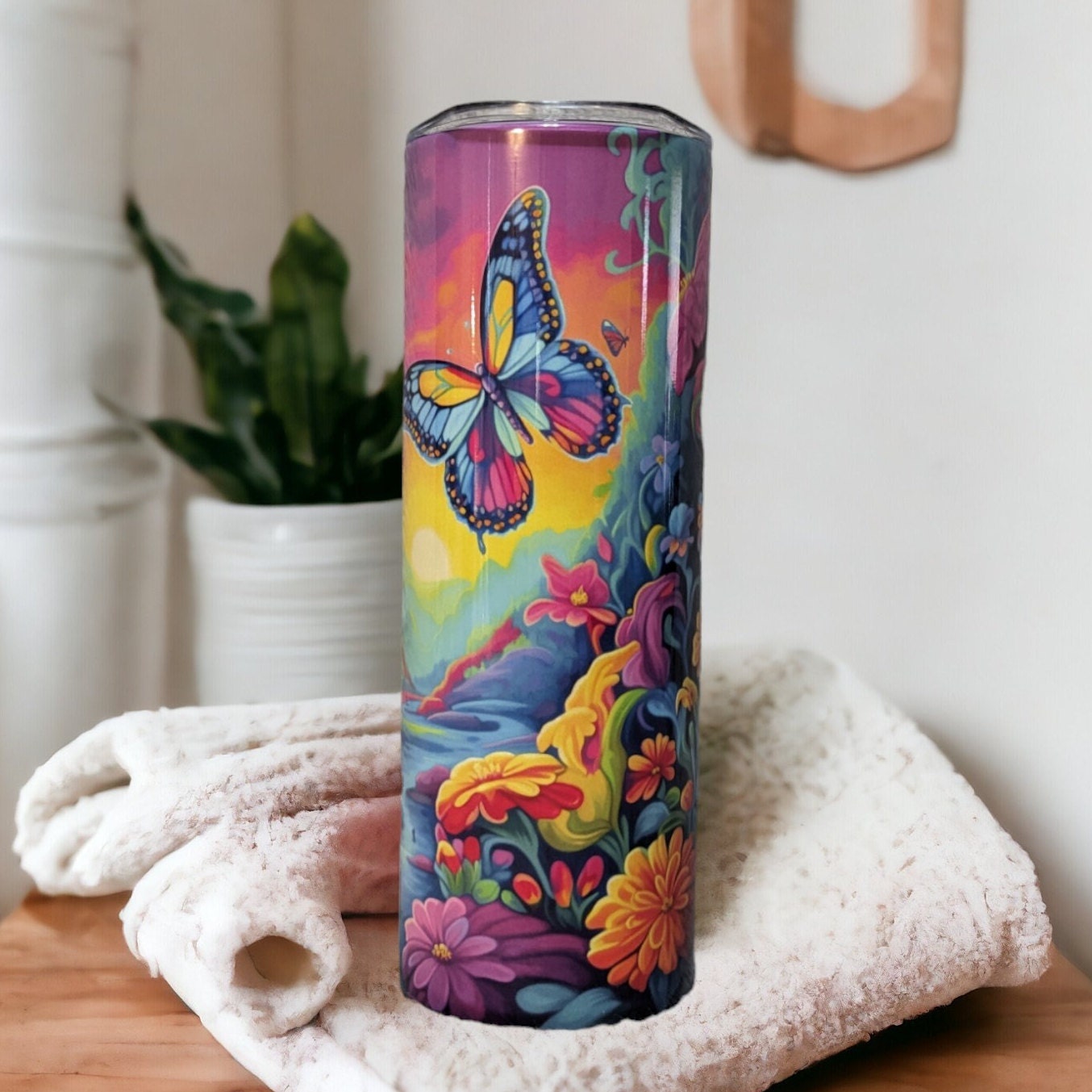 Neon Color Butterfly Tumbler, Can Be Personalized, Unique Gift Idea for Nature Lovers, Butterfly and Flowers Tumbler