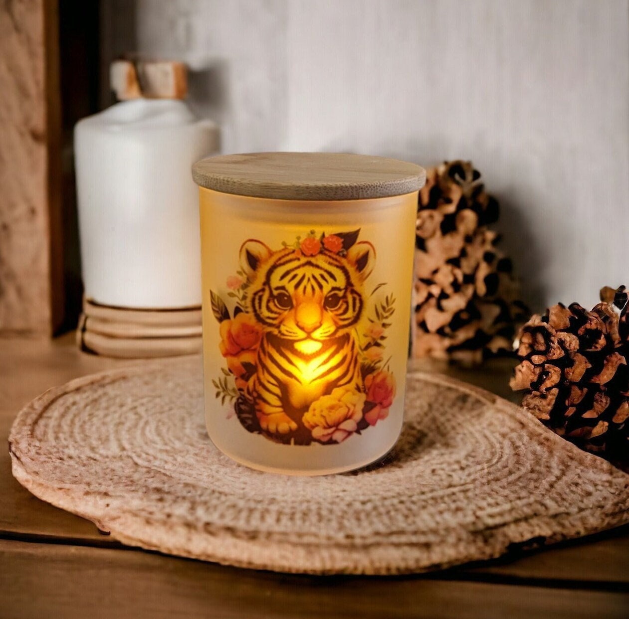 Tiger Cub Candle Holder With A Battery Operated Flickering Tea Light