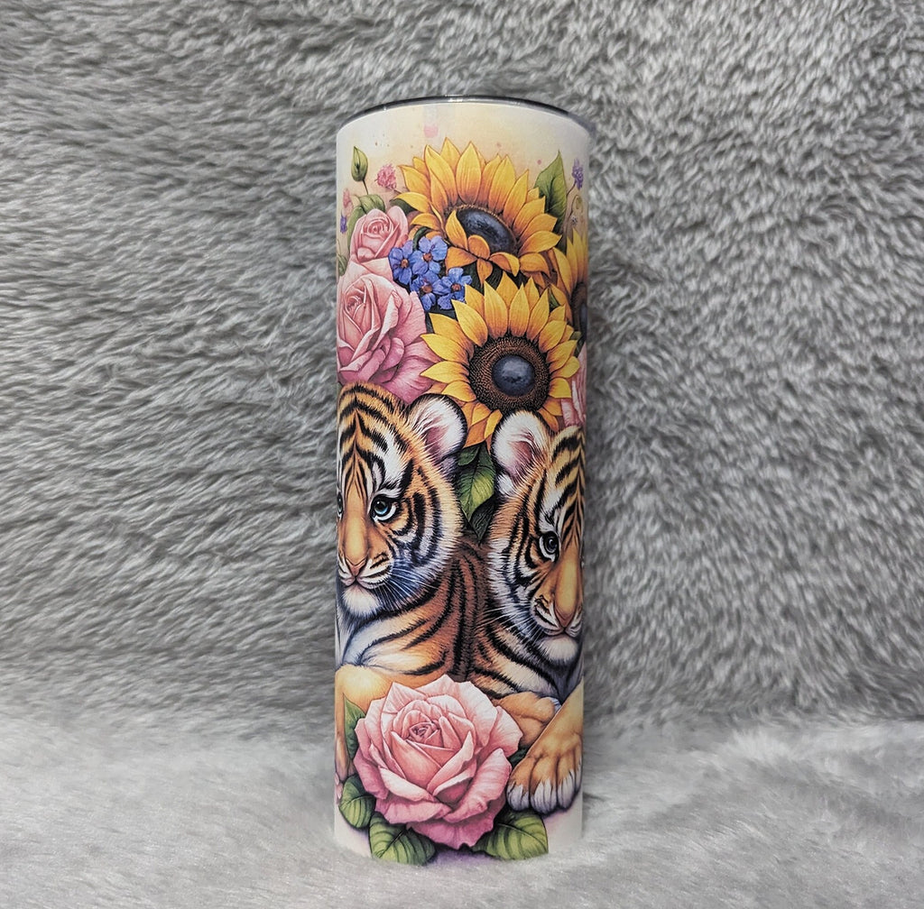Beautiful Tiger Tumbler With Tiger Cubs and Flowers, Can Be Personalized, Tiger Cup With Name, 20oz  Tumbler With Straw, Tiger Lover Gift