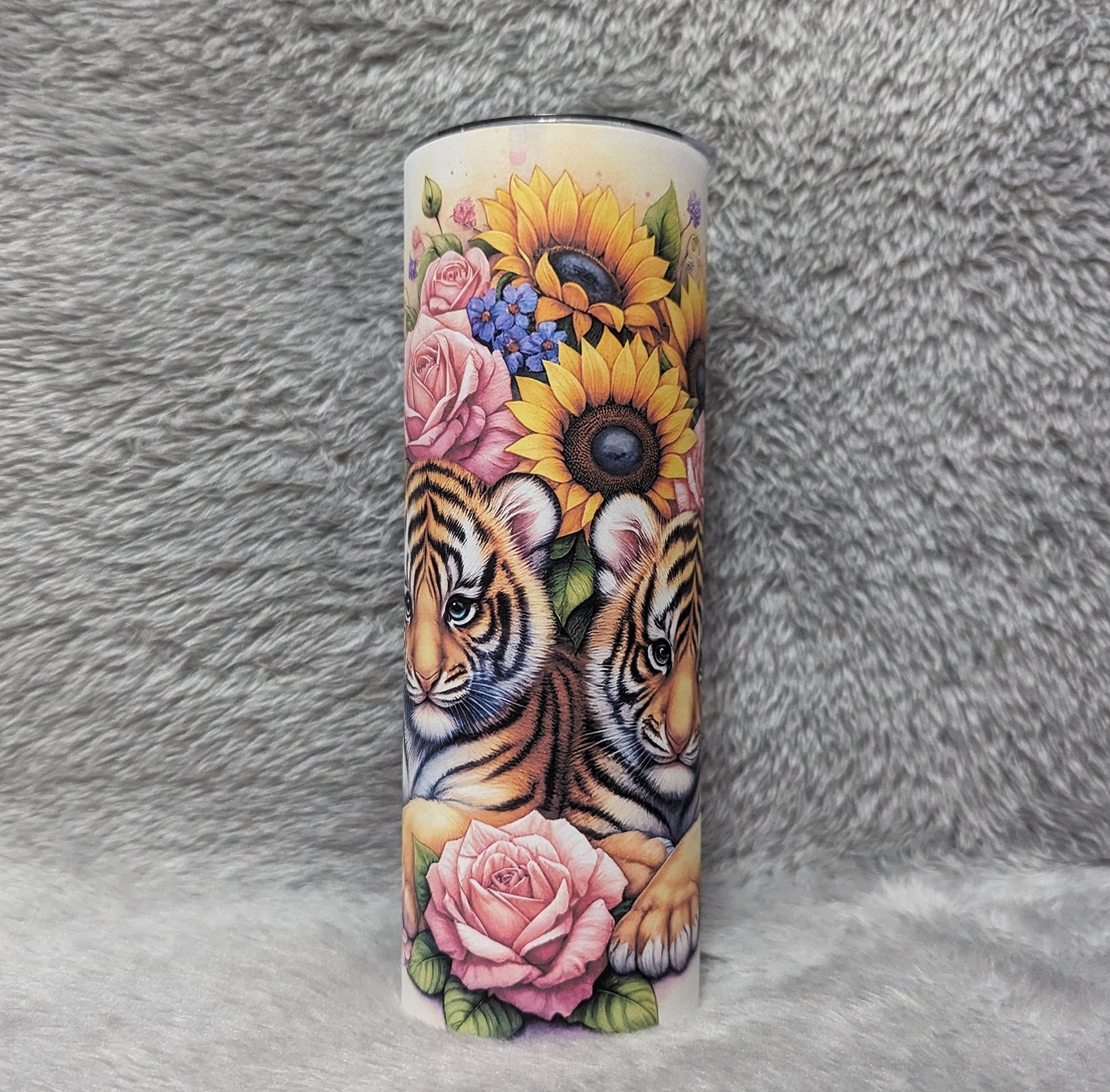 Beautiful Tiger Tumbler With Tiger Cubs and Flowers, Can Be Personalized, Tiger Cup With Name, 20oz  Tumbler With Straw, Tiger Lover Gift