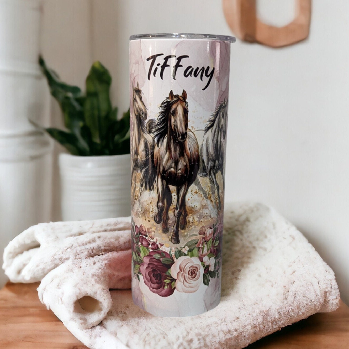 Floral Horse Tumbler 20oz With Reusable Straw, Can Be Personalized