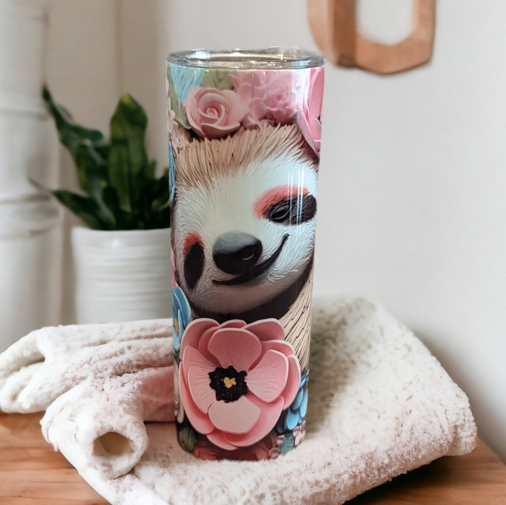 Adorable 3D Design Sloth Tumbler with Pastel Flowers 20oz With Reusable Straw, Can Be Personalized
