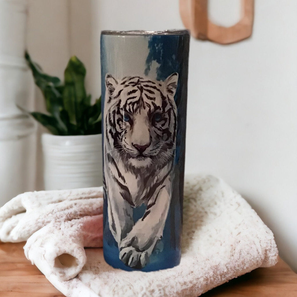 White Tiger Tumbler 20oz With Reusable Straw, Can Be Personalized