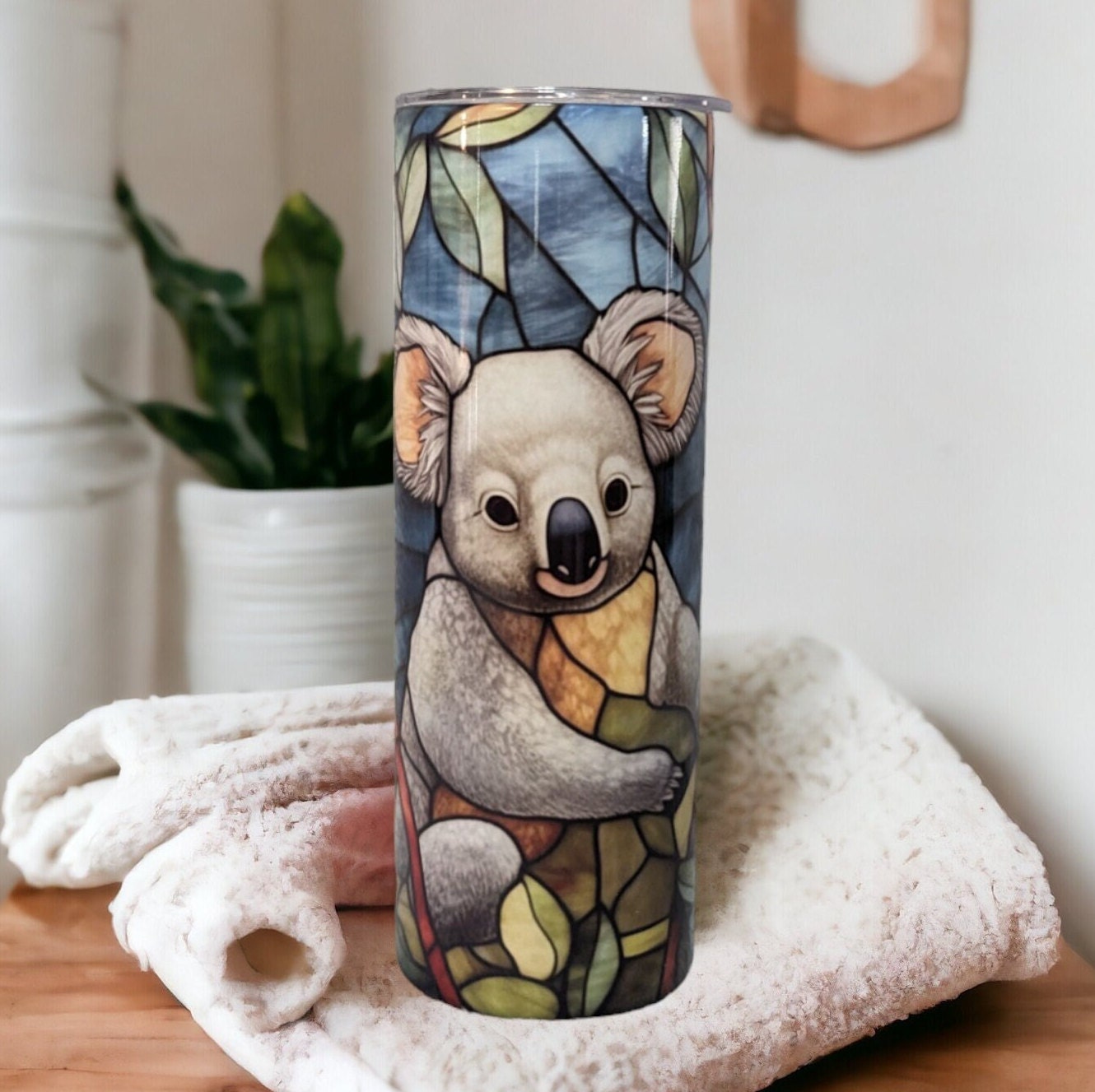 Koala Bear Tumbler with A Stained Glass Design 20oz With Reusable Straw, Can Be Personalized