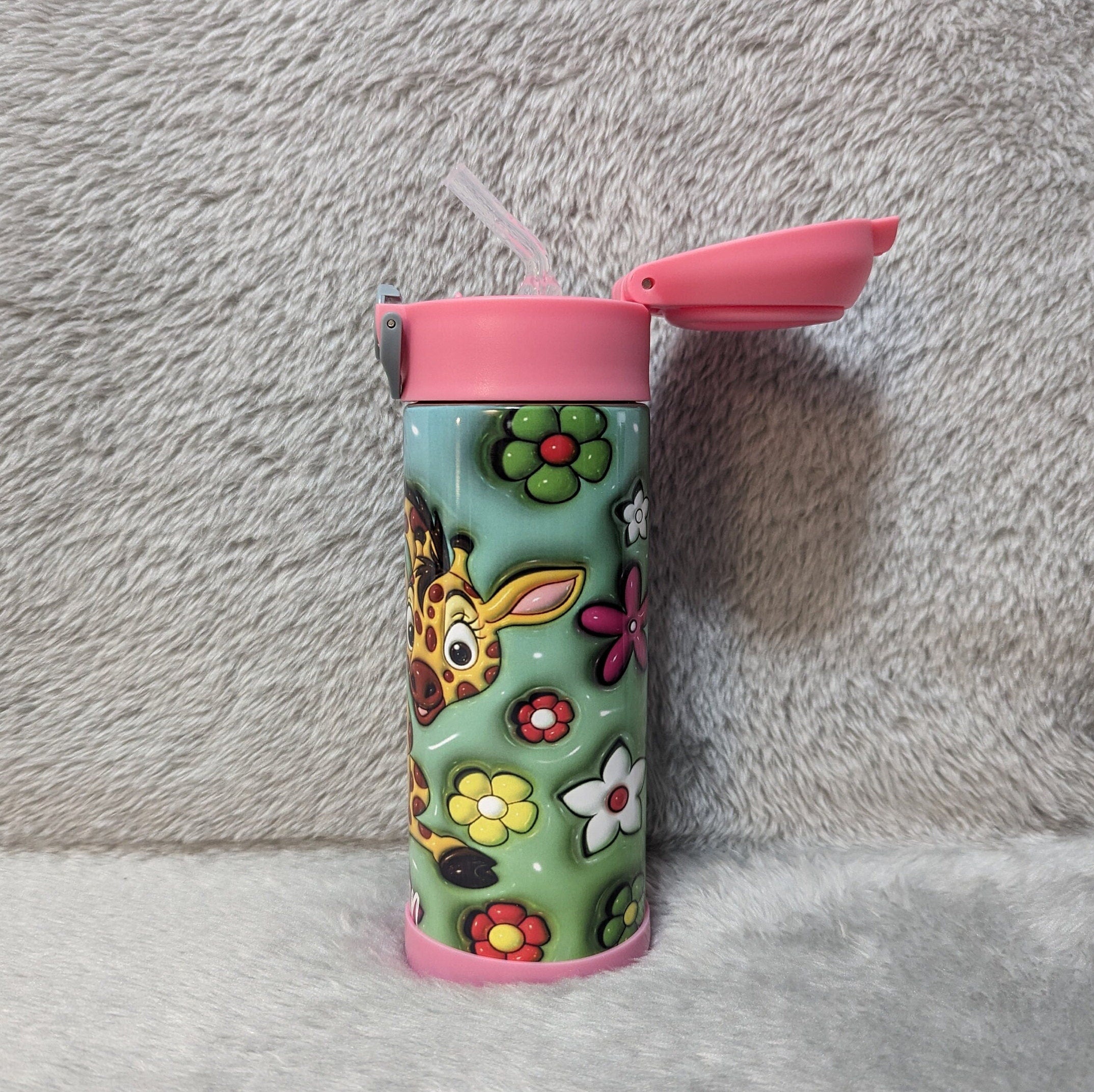 Kids Giraffe Water Bottle 12oz With Reusable Straw Can Be Personalized