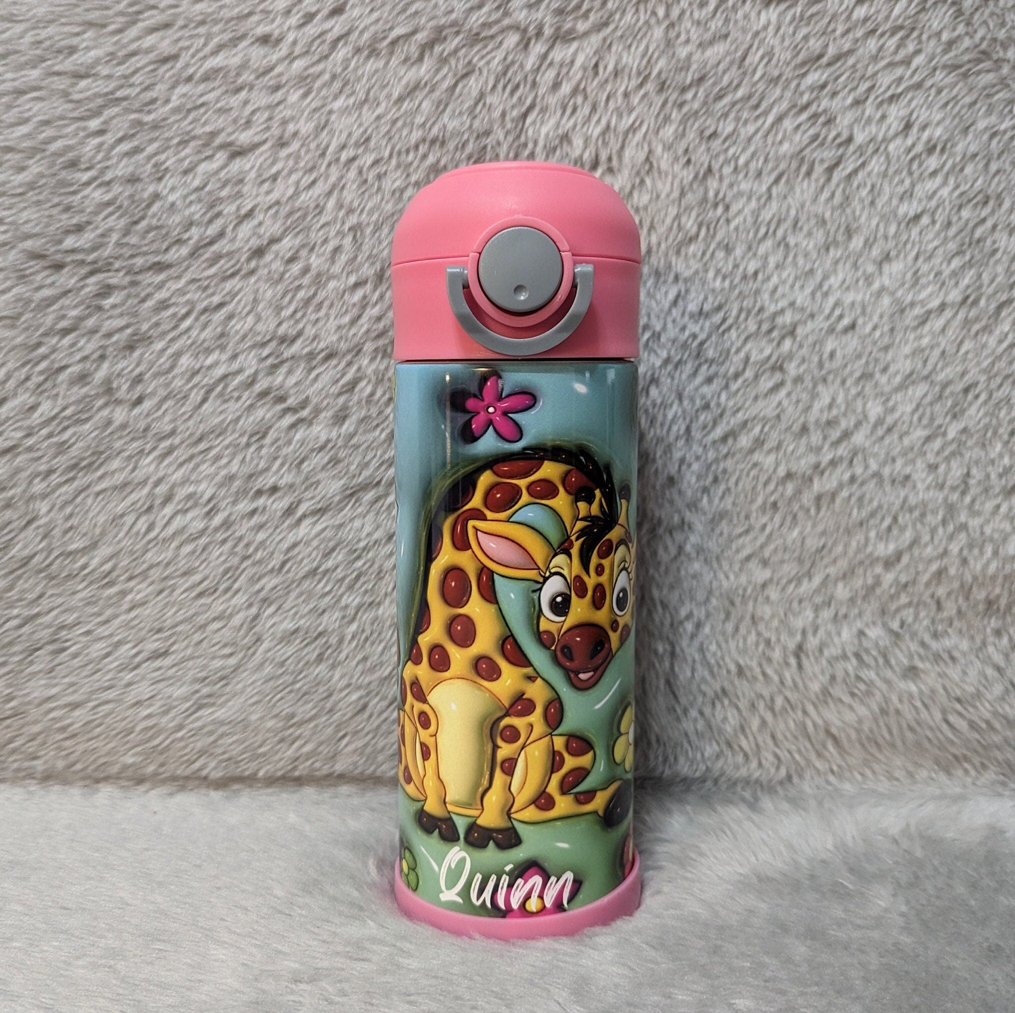 Kids Giraffe Water Bottle 12oz With Reusable Straw Can Be Personalized