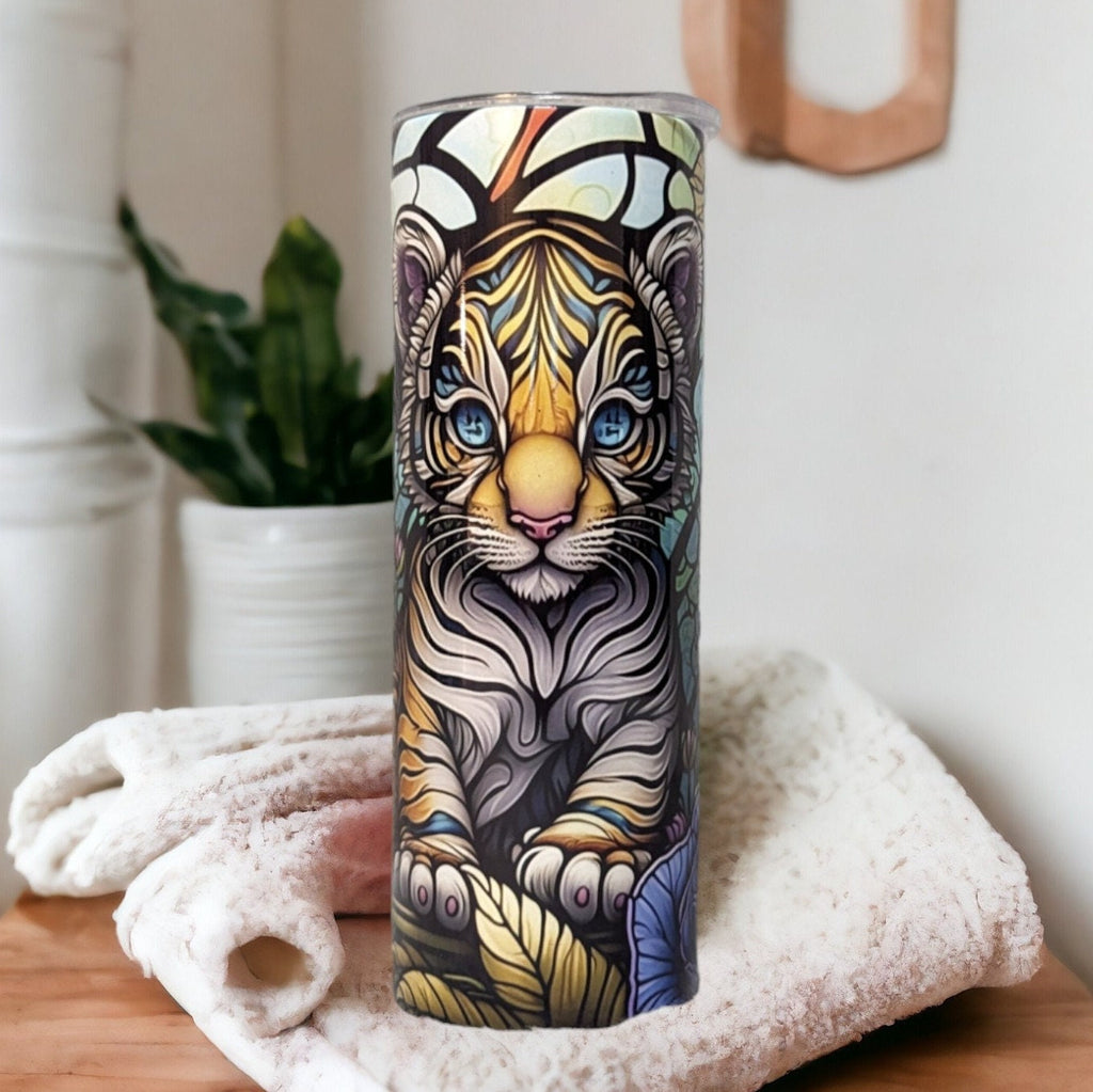 Tiger Cub With Stained Glass Design Tumbler, Tiger Tumbler, Tiger Cup With Name, 20oz Personalized Tumbler, Tiger Cub Lover Gift