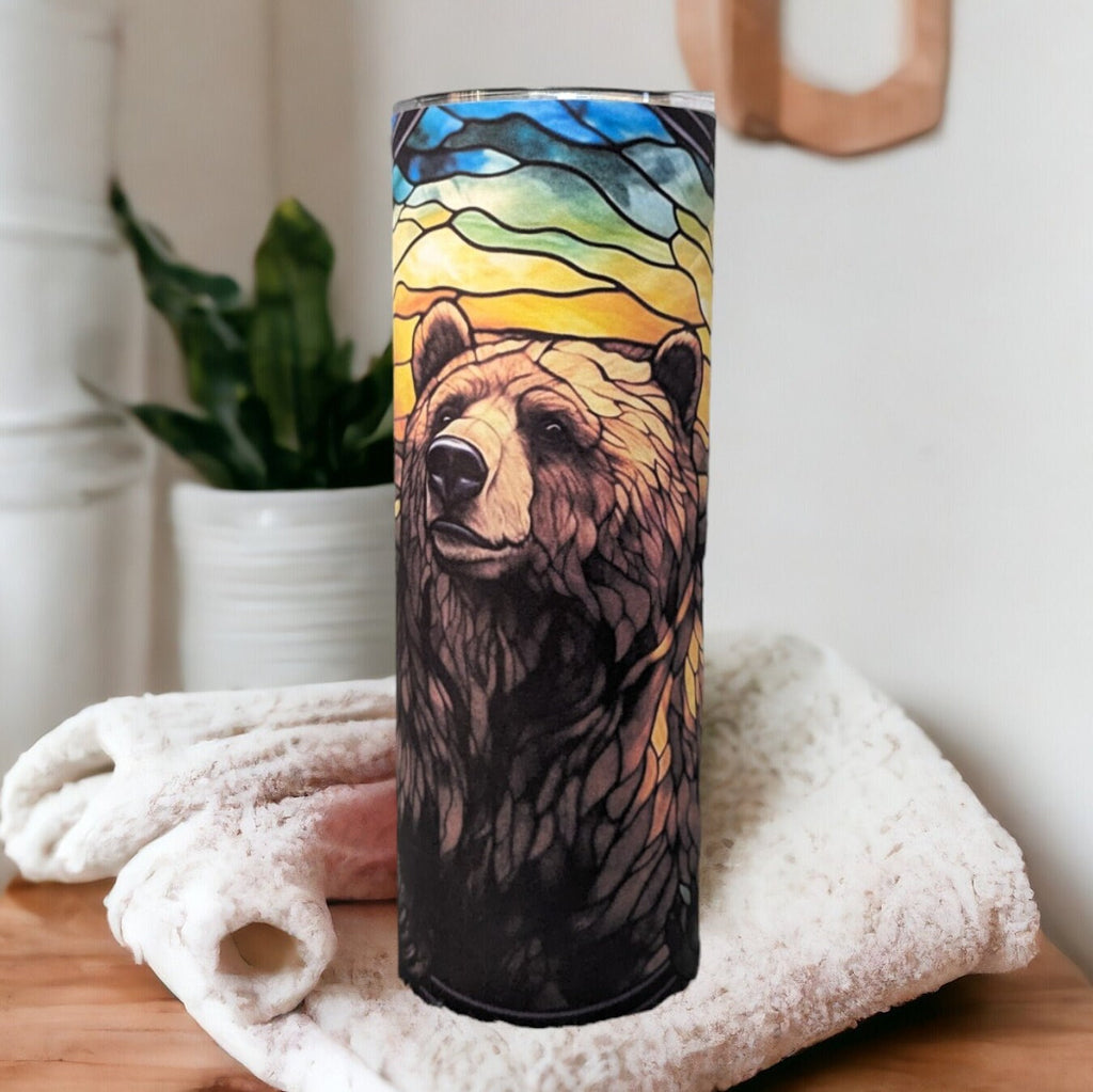 Brown Bear Tumbler With Stained Glass Design, Unique Drinkware for Nature Lovers, Bear Lovers Gift, Wildlife Animal Lover, Bear Cup