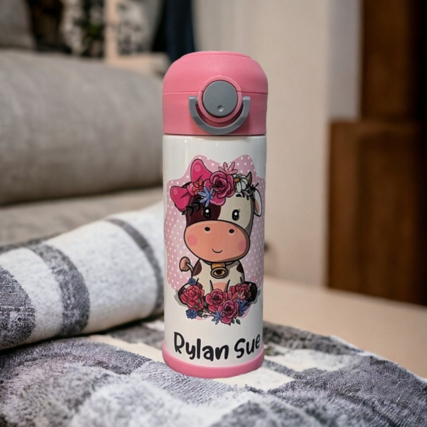 Kids Cow Water Bottle 12oz With Reusable Straw Can Be Personalized