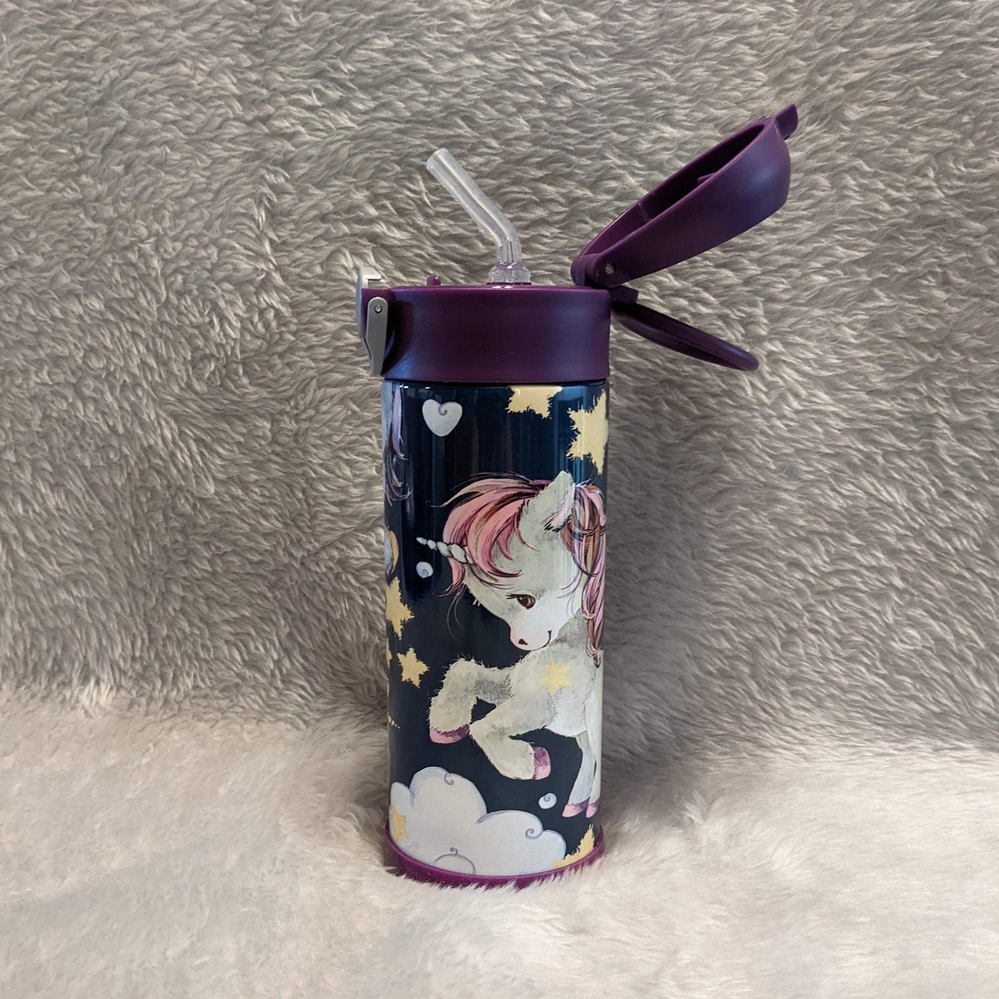 Kids Unicorn Water Bottle 12oz With Reusable Straw Can Be Personalized