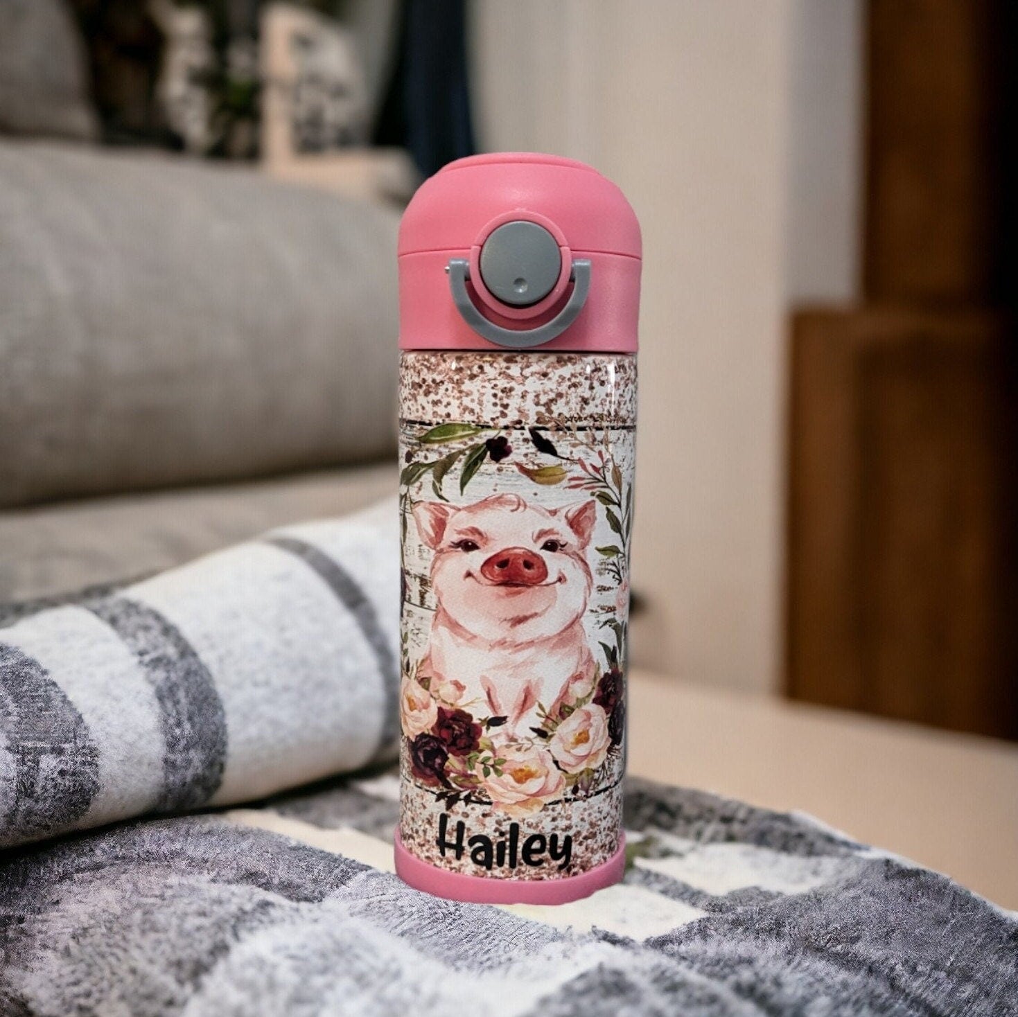 Kids Pig Water Bottle 12oz With Reusable Straw Can Be Personalized