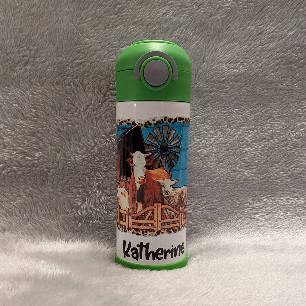 Kids Farm Animal Water Bottle 12oz With Reusable Straw Can Be Personalized