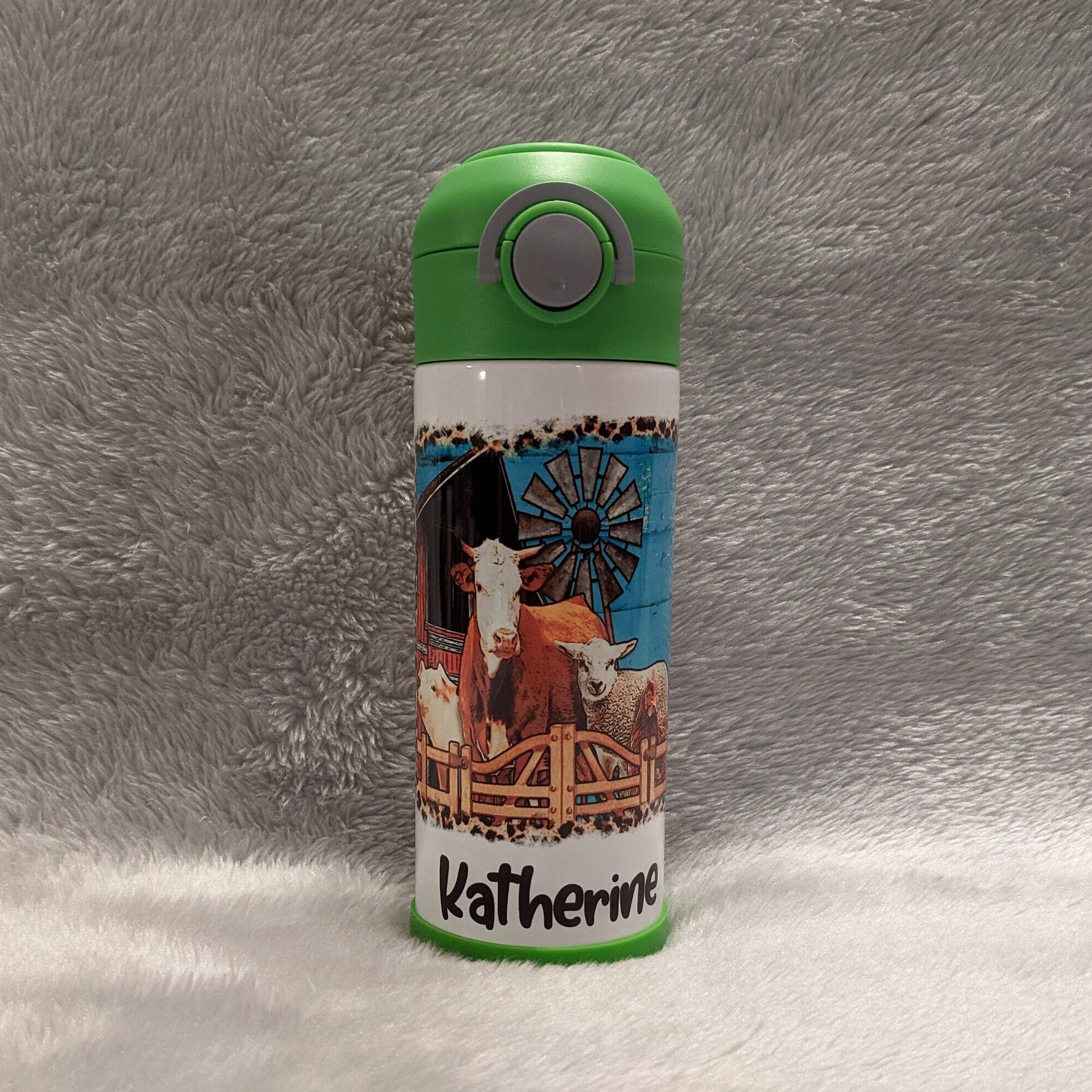 Kids Farm Animal Water Bottle 12oz With Reusable Straw Can Be Personalized