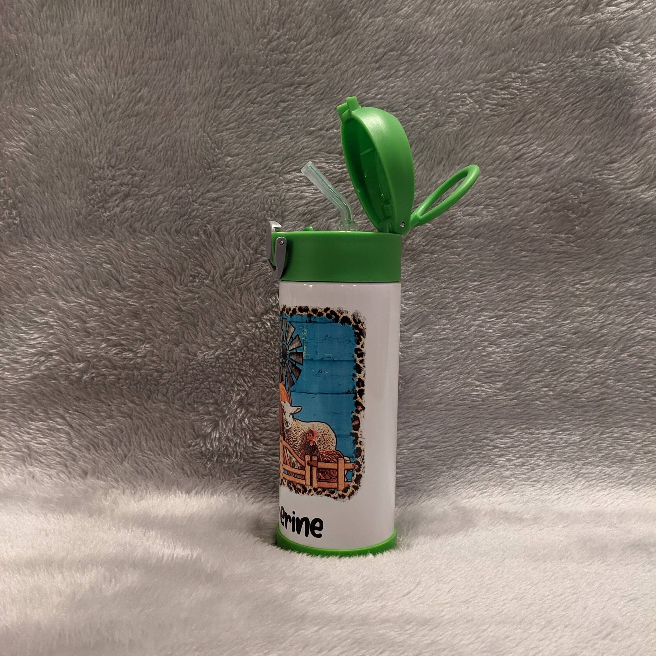 Kids Farm Animal Water Bottle 12oz With Reusable Straw Can Be Personalized