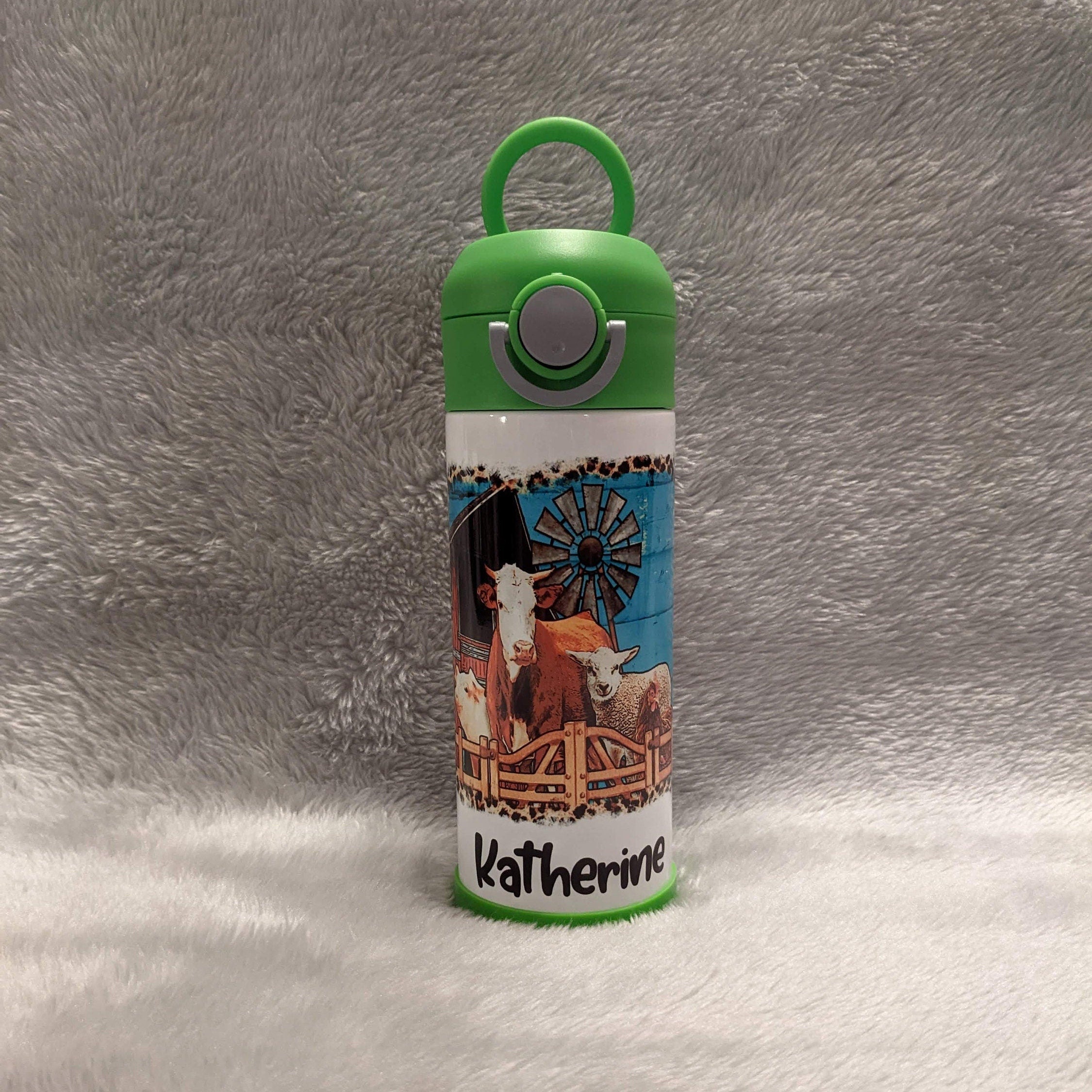 Kids Farm Animal Water Bottle 12oz With Reusable Straw Can Be Personalized