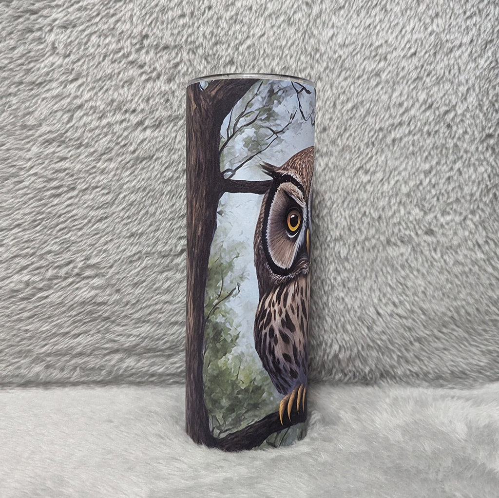 Owl Tumbler with Beautiful Owls sitting On A Tree Branch, Includes Reusable Plastic Straw. Great For Hot Or Cold Drinks, Owl Gifts