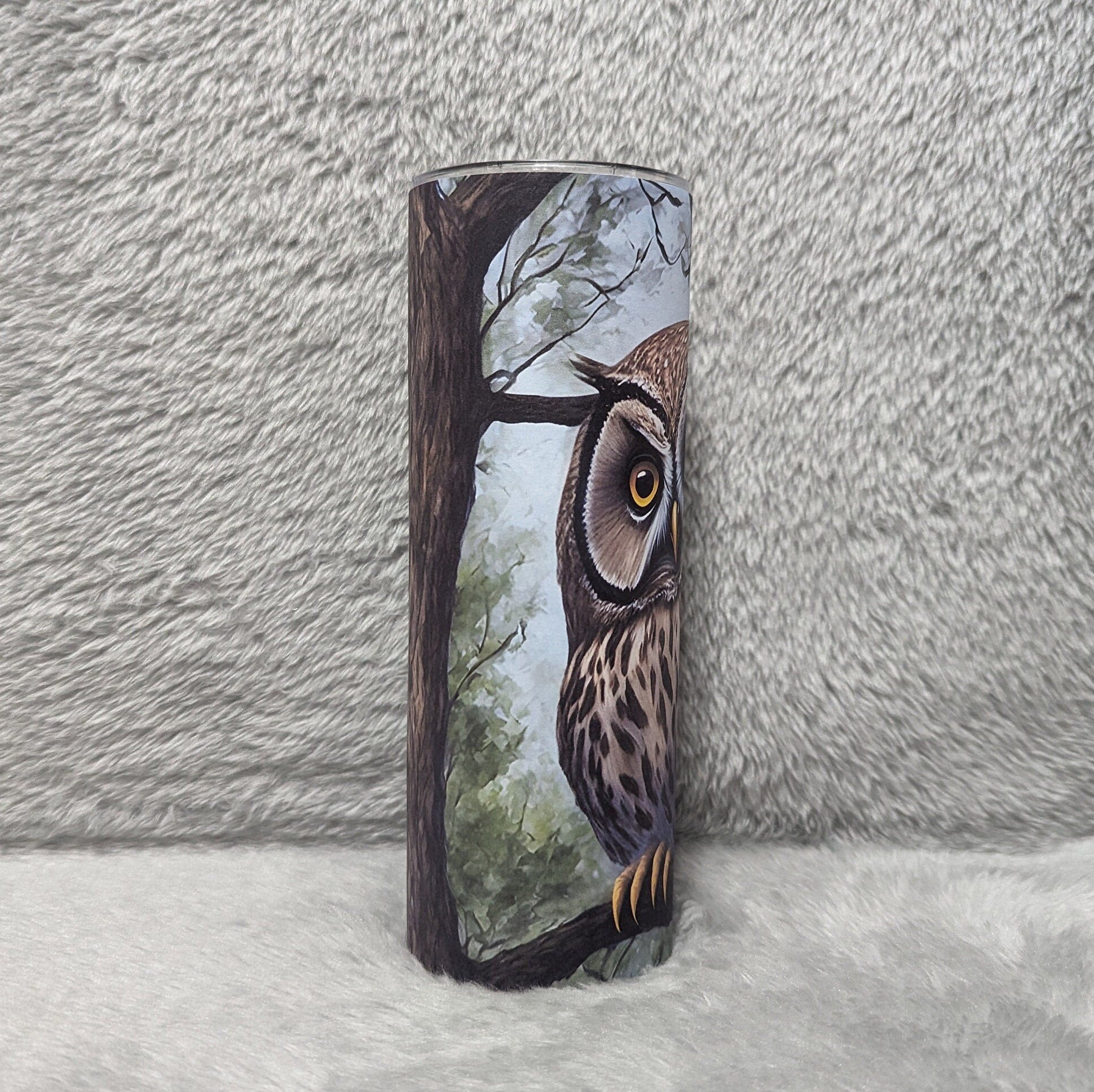 Owl Tumbler with Beautiful Owls sitting On A Tree Branch, Includes Reusable Plastic Straw. Great For Hot Or Cold Drinks, Owl Gifts