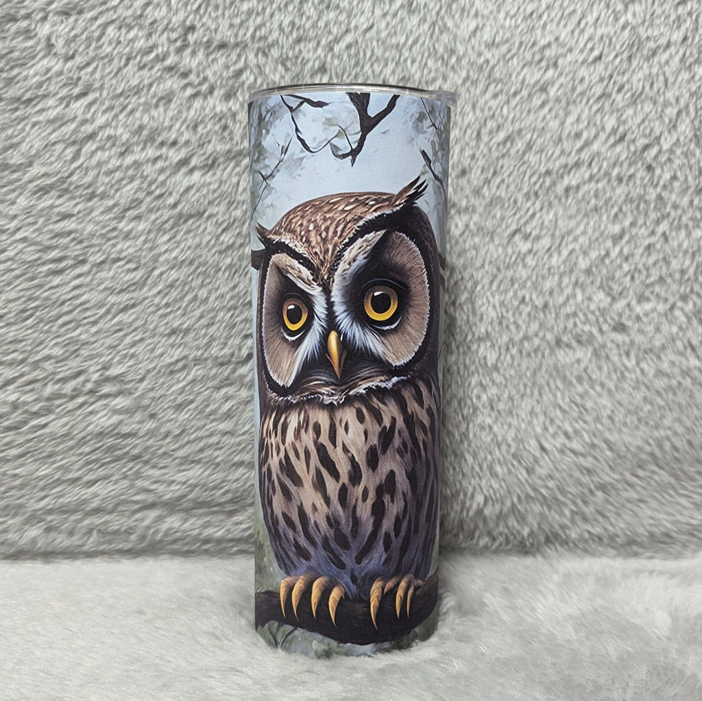 Owl Tumbler with Beautiful Owls sitting On A Tree Branch, Includes Reusable Plastic Straw. Great For Hot Or Cold Drinks, Owl Gifts