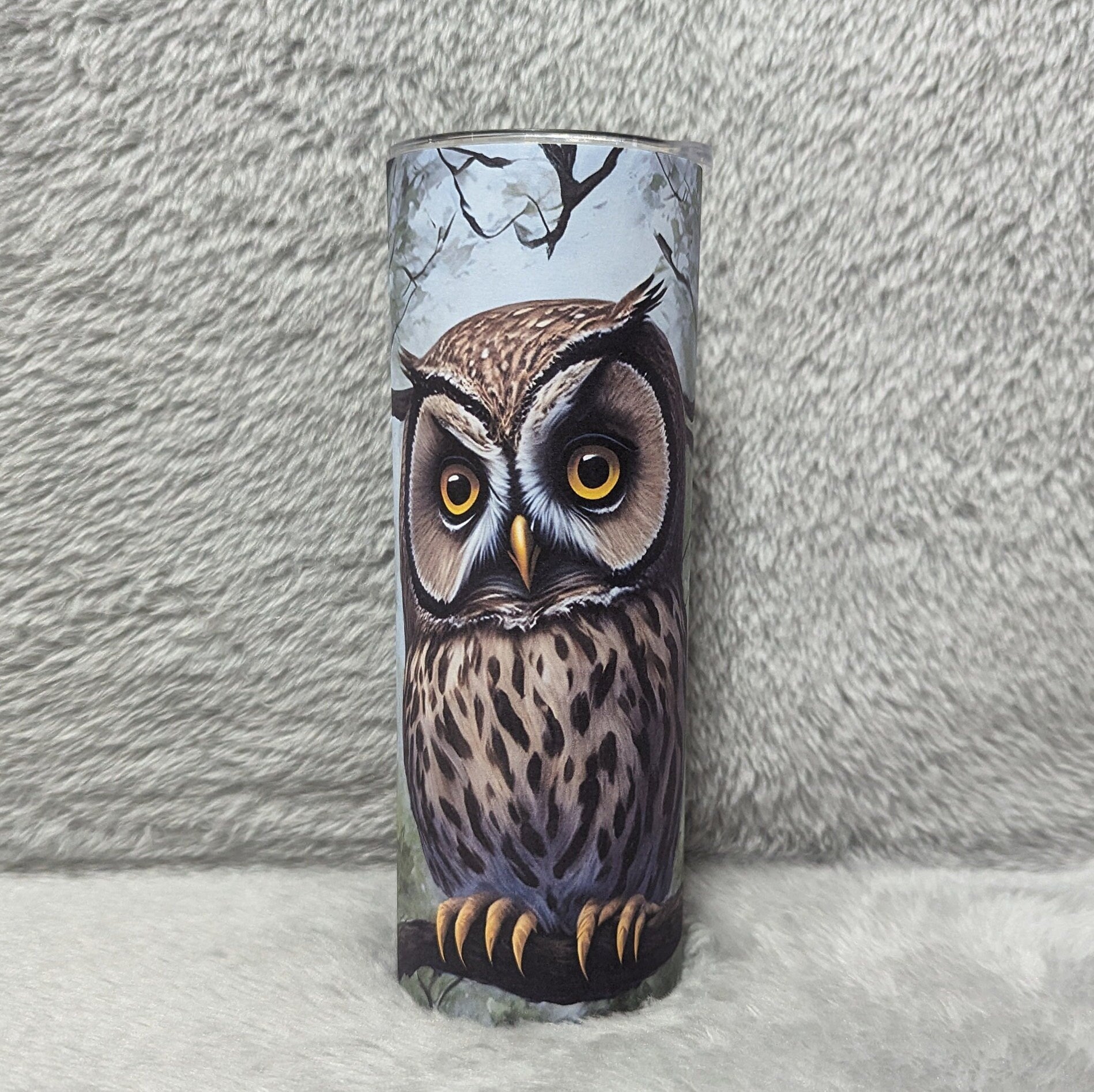 Owl Tumbler with Beautiful Owls sitting On A Tree Branch, Includes Reusable Plastic Straw. Great For Hot Or Cold Drinks, Owl Gifts