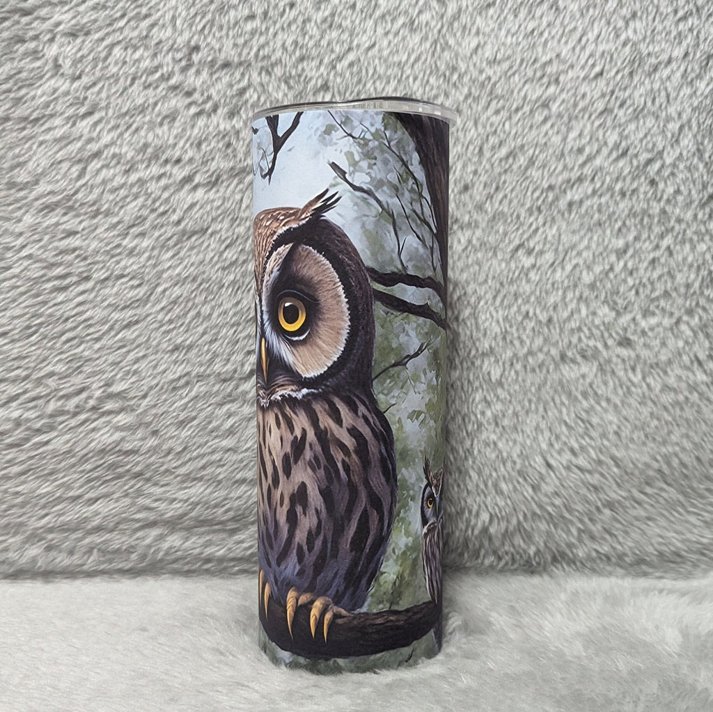 Owl Tumbler with Beautiful Owls sitting On A Tree Branch, Includes Reusable Plastic Straw. Great For Hot Or Cold Drinks, Owl Gifts