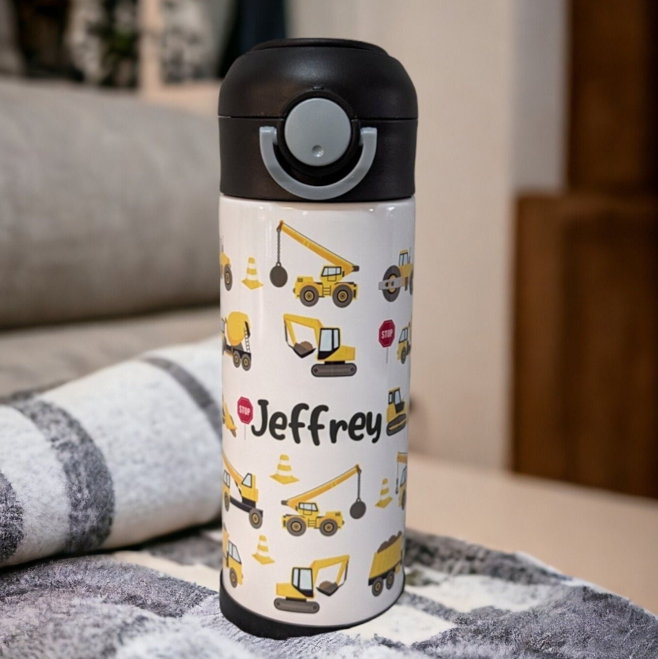 Kids Construction Water Bottle 12oz With Reusable Straw Can Be Personalized