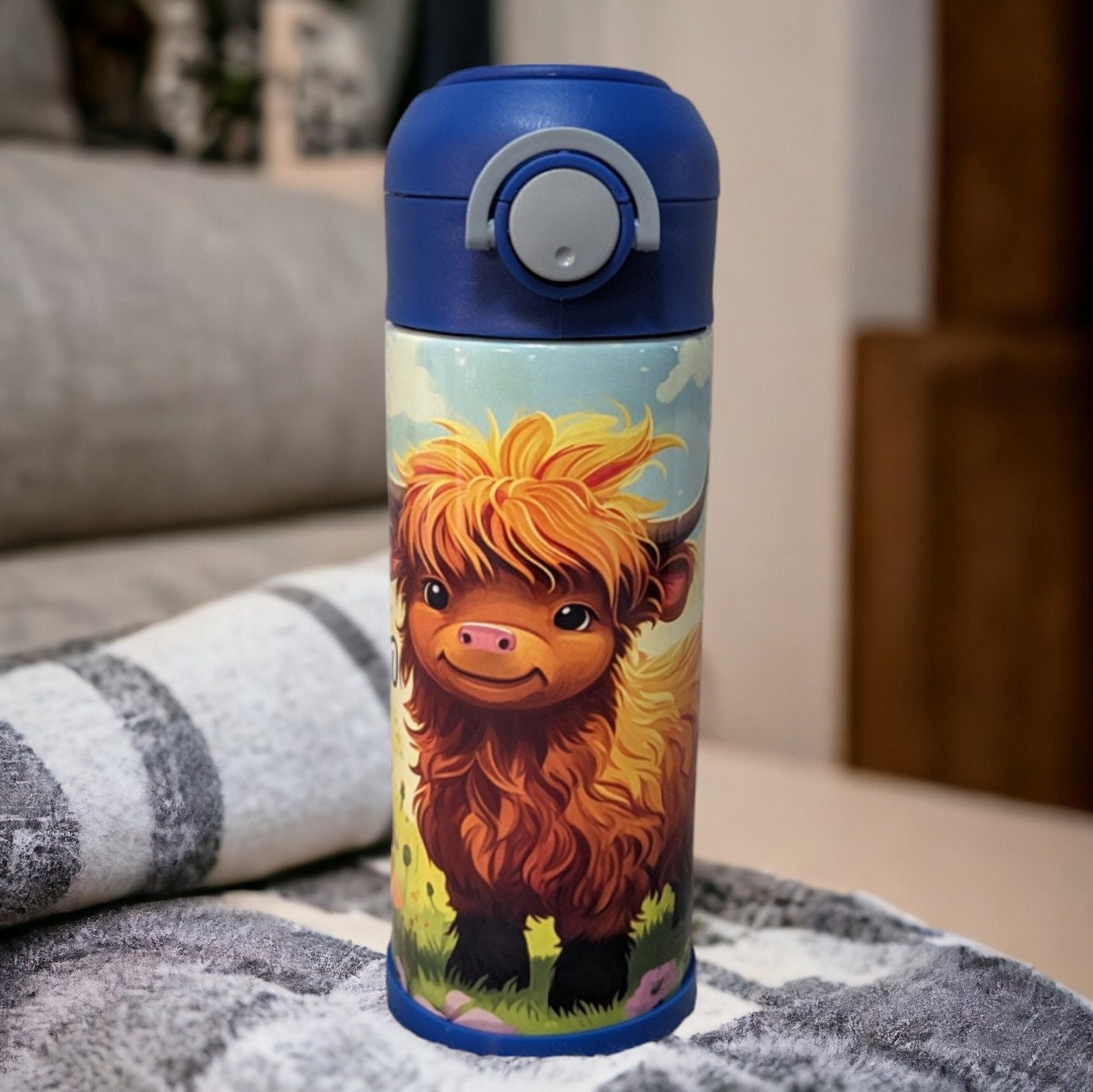 Kids Highland Cow Water Bottle 12oz With Reusable Straw Can Be Personalized