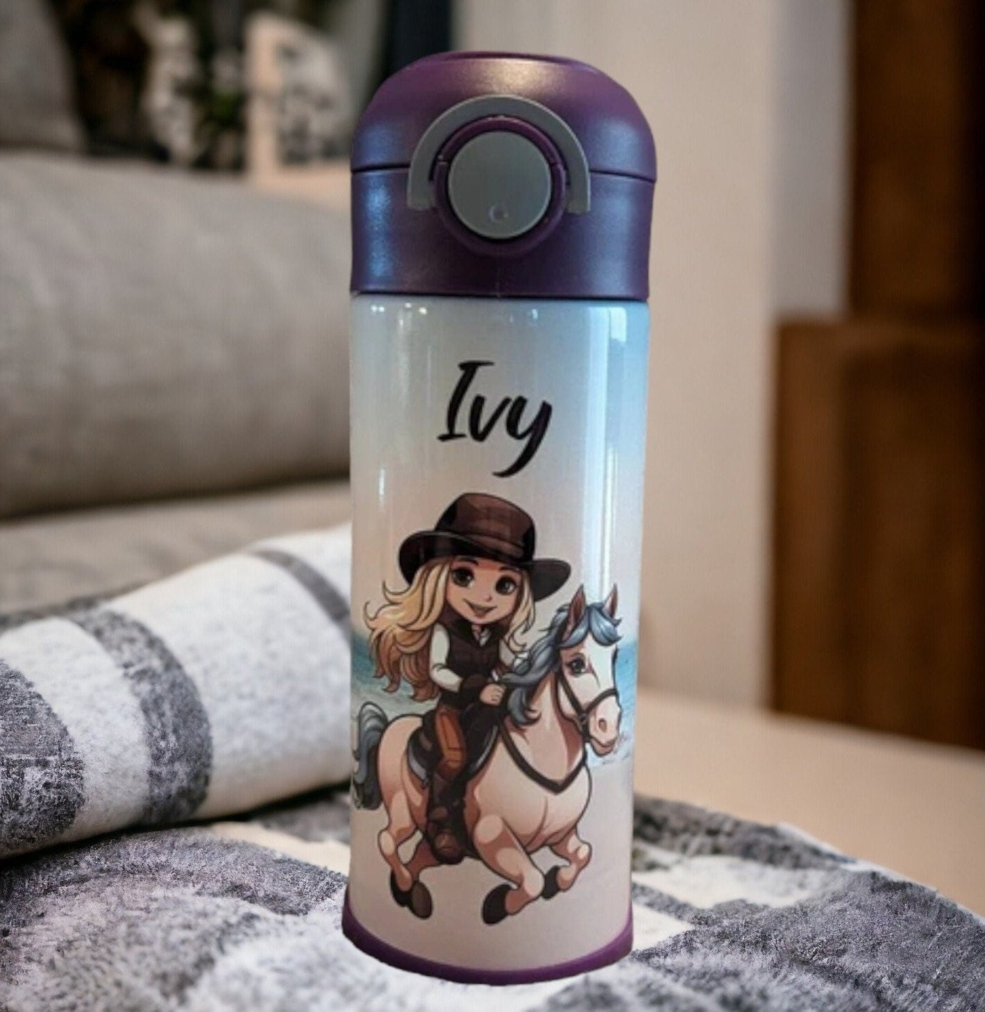Cute Blonde Cowgirl and Pony Kids Water Bottle 12oz With Reusable Straw Can Be Personalized