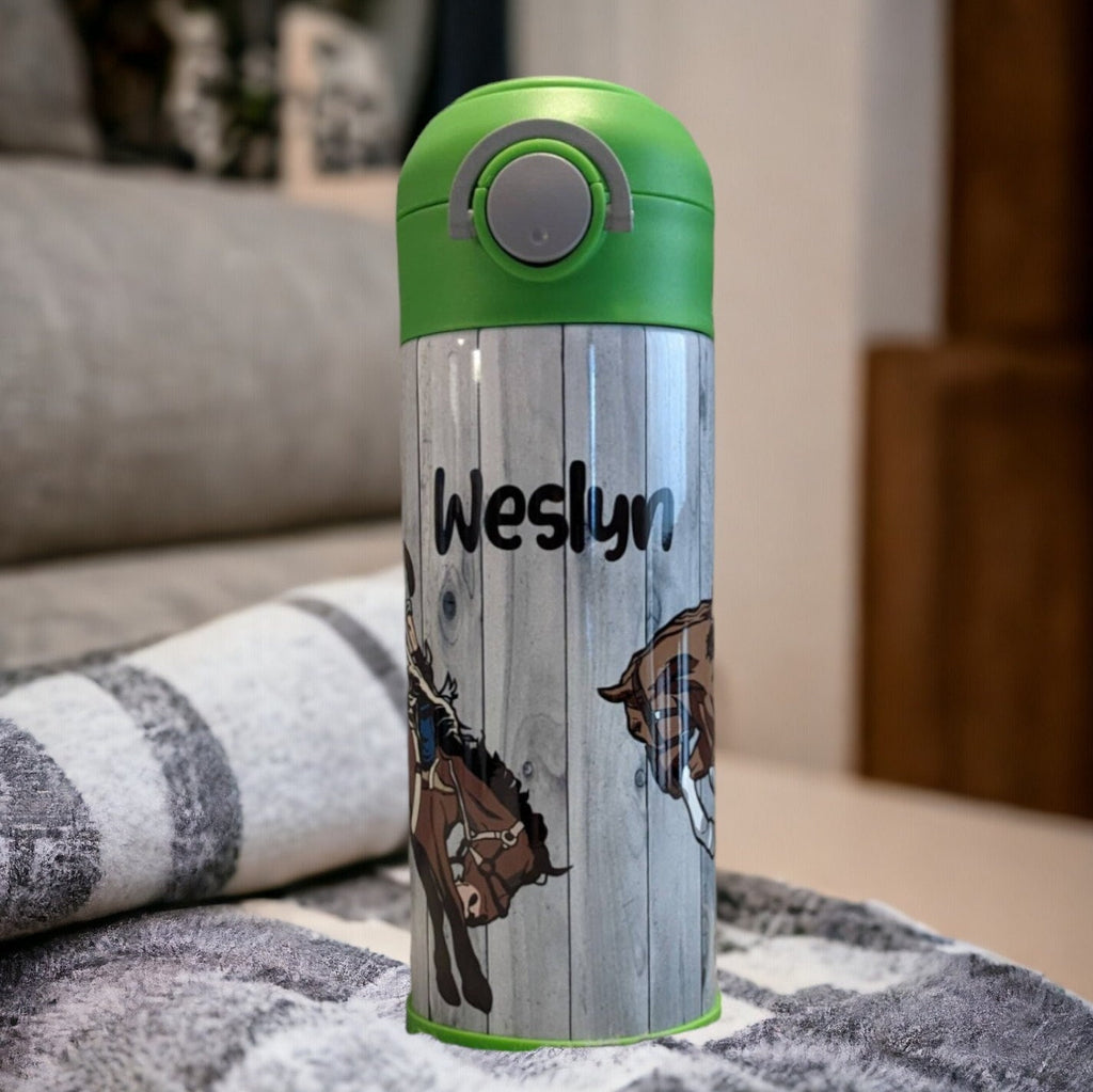 Kids Horse Rodeo Water Bottle 20oz With Reusable Straw Can Be Personalized
