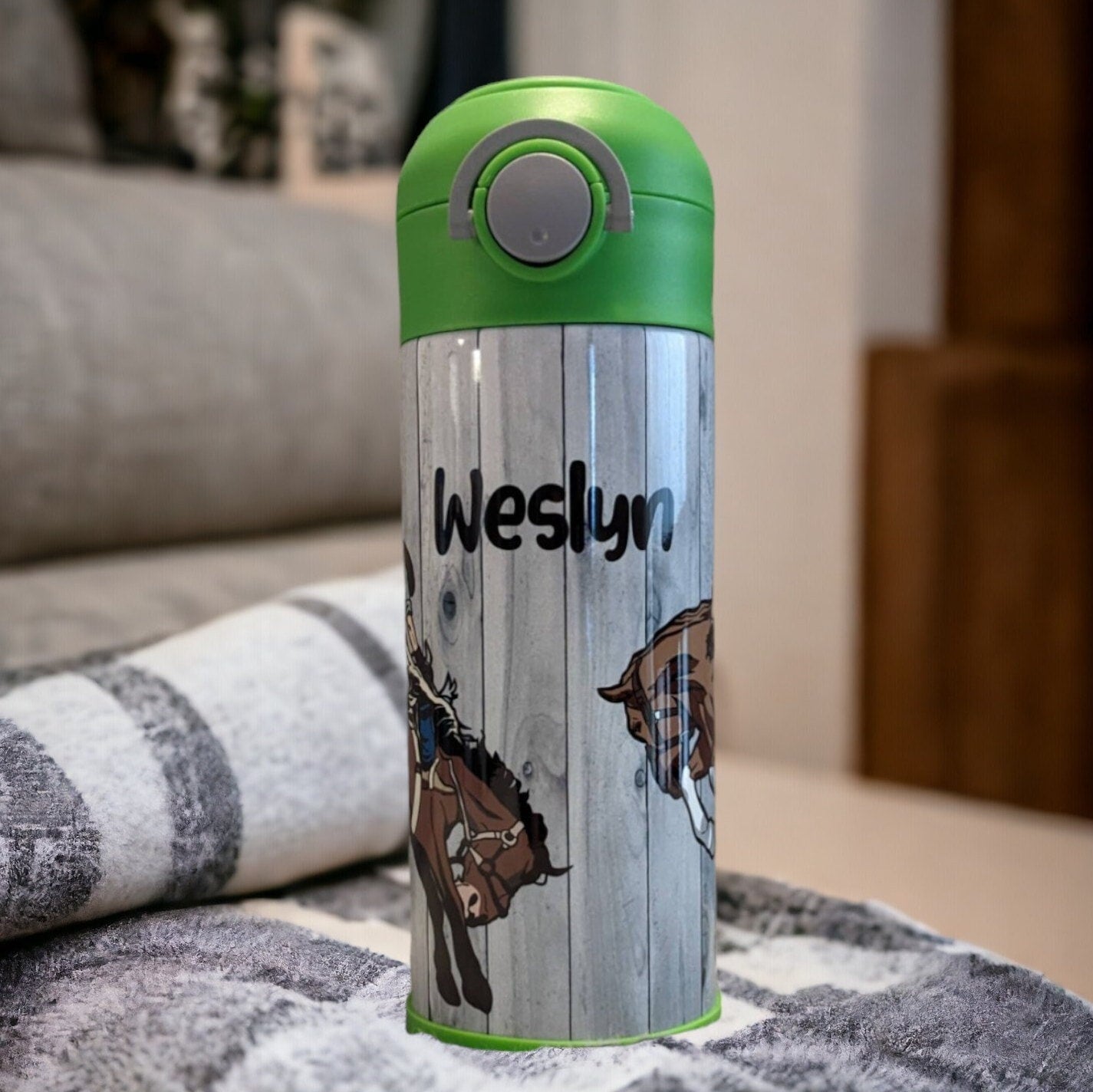 Kids Horse Rodeo Water Bottle 20oz With Reusable Straw Can Be Personalized