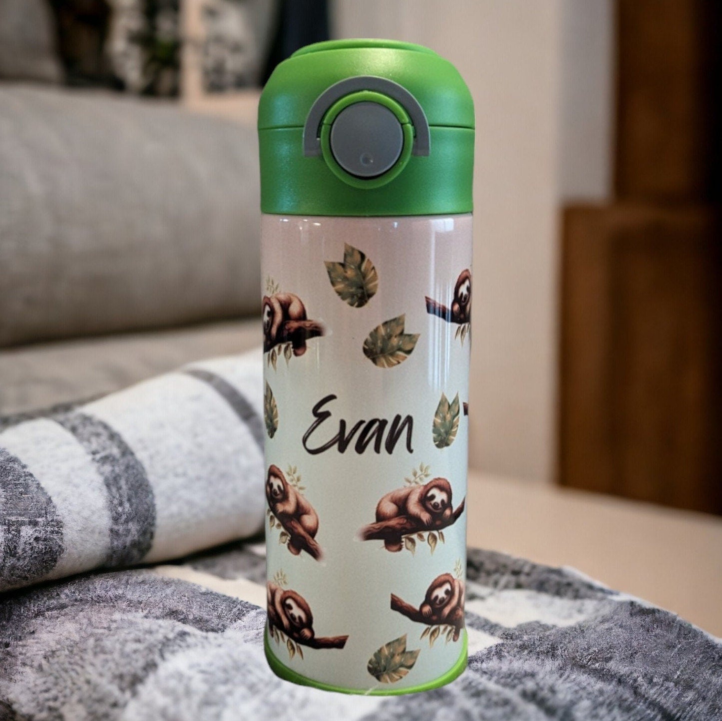 Kids Sloth Water Bottle 12oz With Reusable Straw Can Be Personalized
