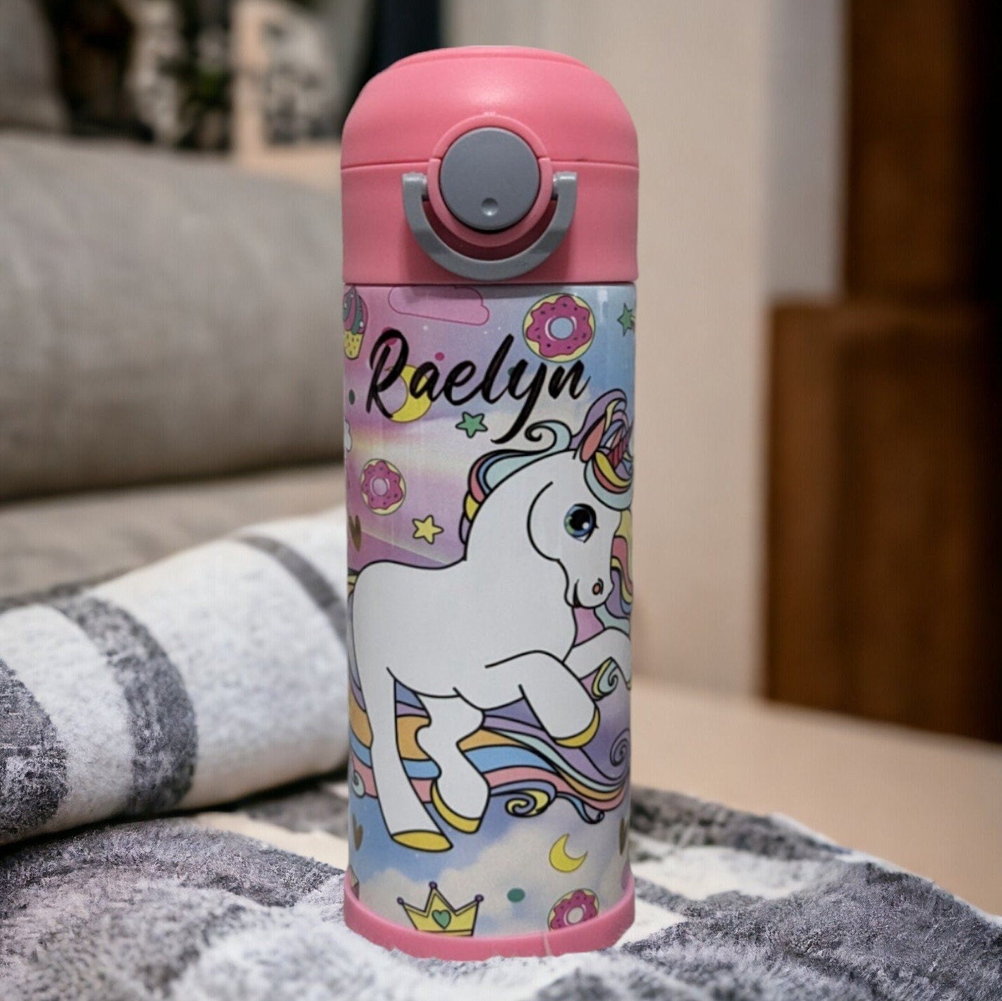Kids Unicorn Water Bottle 12oz With Reusable Straw Can Be Personalized