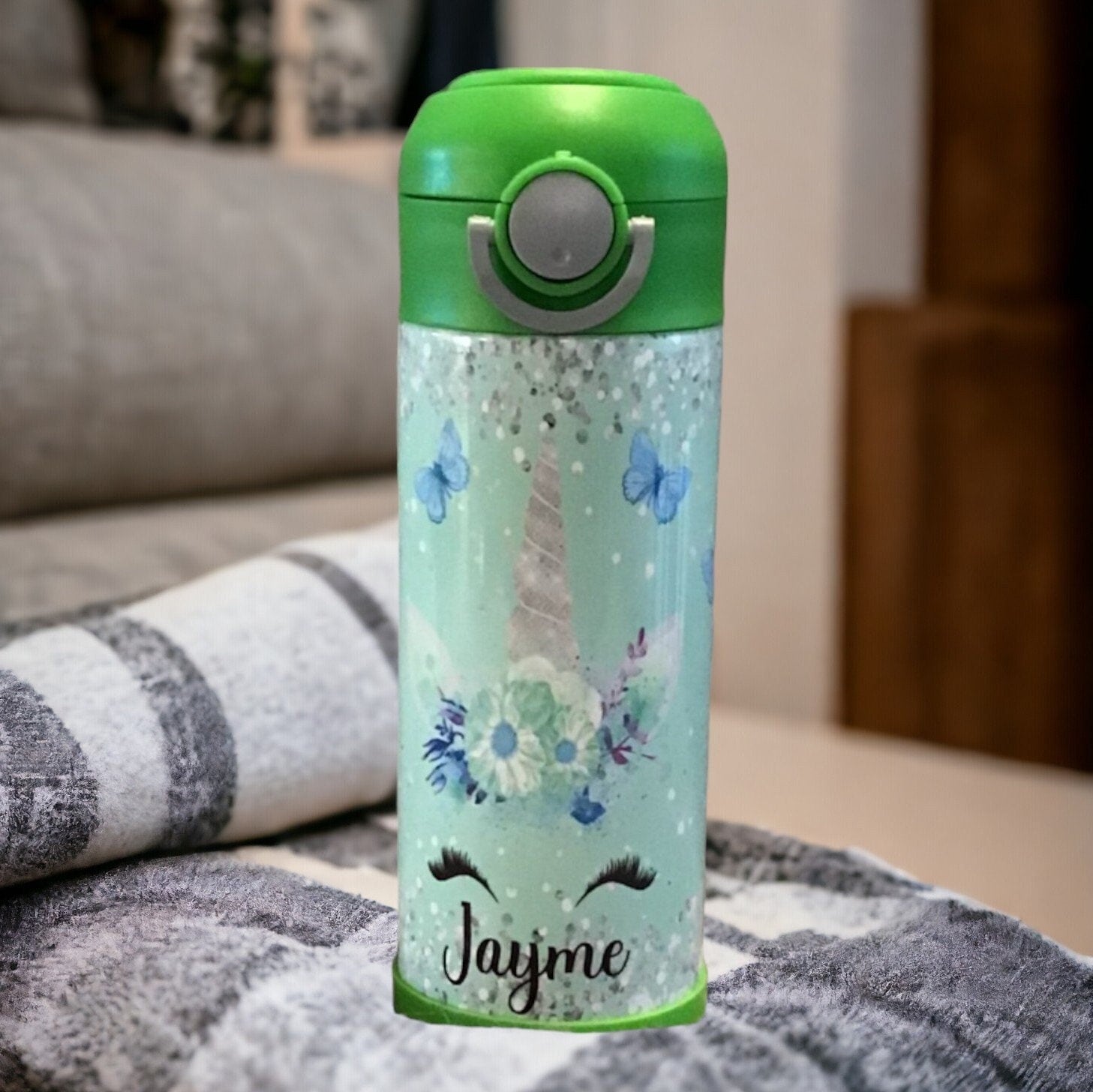Kids Unicorn Water Bottle 12oz With Reusable Straw Can Be Personalized