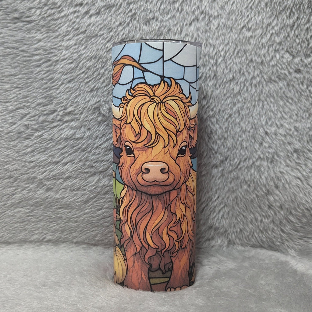 Highland Cow Calf Tumbler With Stained Glass Design, Can Be Personalized, Includes Reusable Straw, Cow Cup With Name, Hot Cold Drinkware