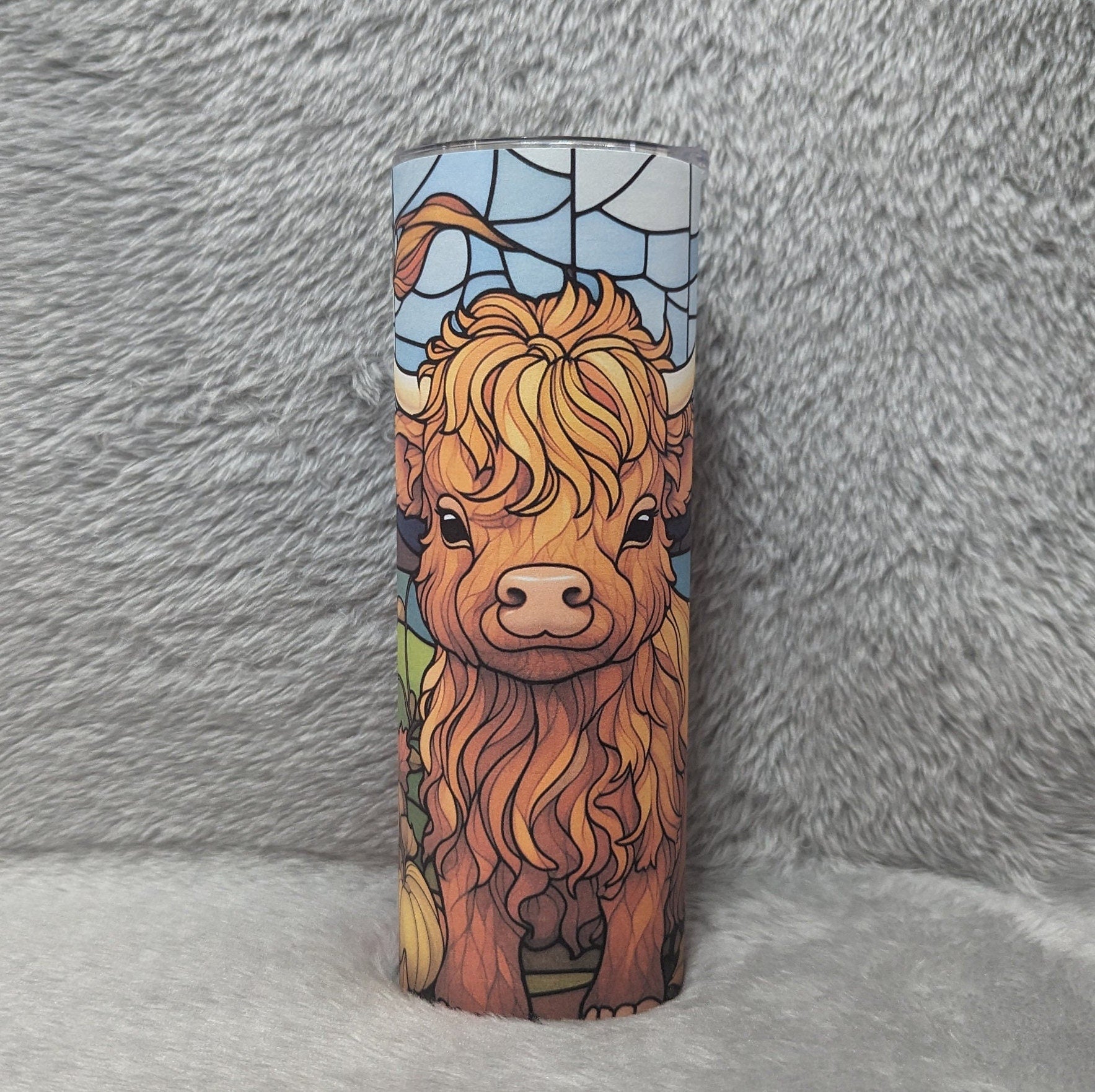 Highland Cow Calf Tumbler With Stained Glass Design, Can Be Personalized, Includes Reusable Straw, Cow Cup With Name, Hot Cold Drinkware