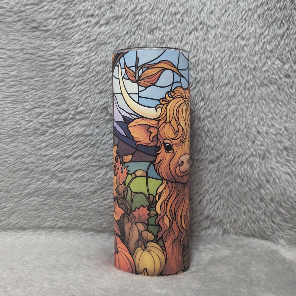 Highland Cow Calf Tumbler With Stained Glass Design, Can Be Personalized, Includes Reusable Straw, Cow Cup With Name, Hot Cold Drinkware