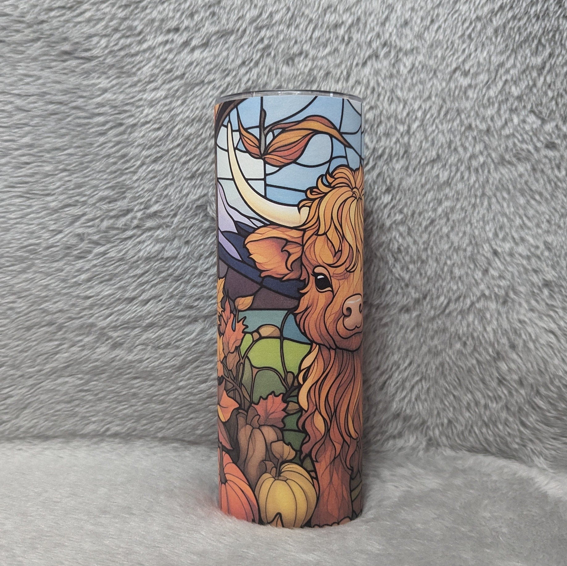Highland Cow Calf Tumbler With Stained Glass Design, Can Be Personalized, Includes Reusable Straw, Cow Cup With Name, Hot Cold Drinkware