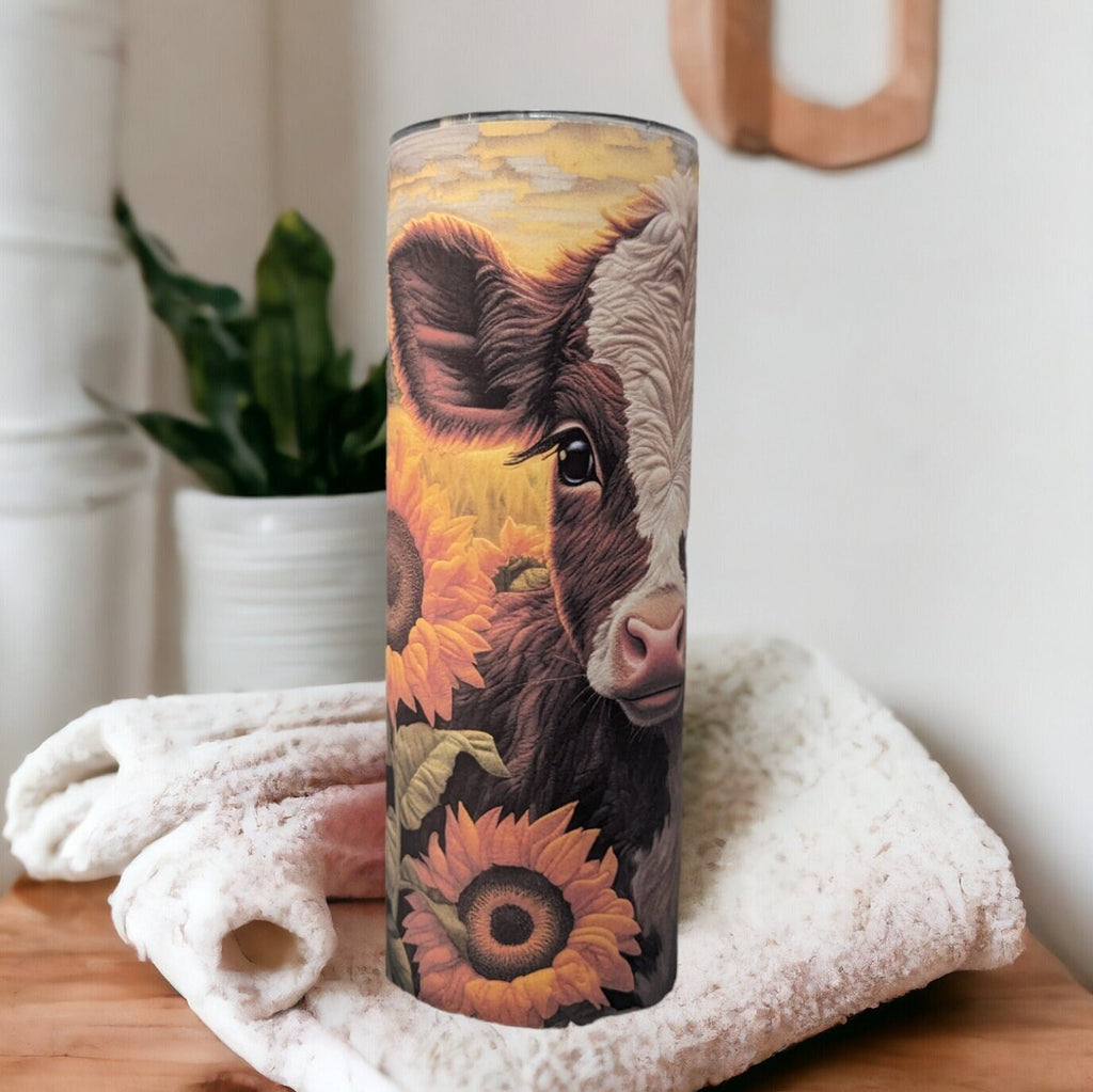 Adorable Cow Tumbler With A Brown and White Calf and Sunflowers, With An Embroidered Design, Calf Tumbler, Cow With Sunflowers, Cow Gifts