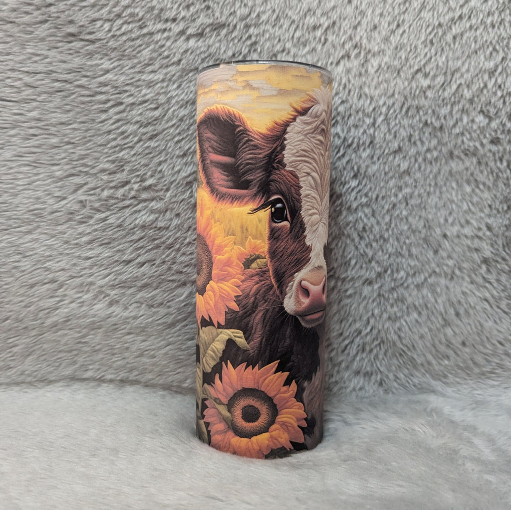 Adorable Cow Tumbler With A Brown and White Calf and Sunflowers, With An Embroidered Design, Calf Tumbler, Cow With Sunflowers, Cow Gifts