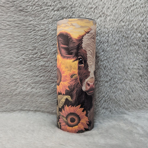 Adorable Cow Tumbler With A Brown and White Calf and Sunflowers, With An Embroidered Design, Calf Tumbler, Cow With Sunflowers, Cow Gifts