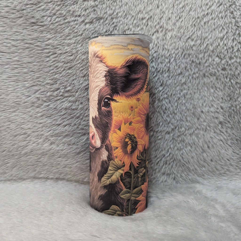Adorable Cow Tumbler With A Brown and White Calf and Sunflowers, With An Embroidered Design, Calf Tumbler, Cow With Sunflowers, Cow Gifts