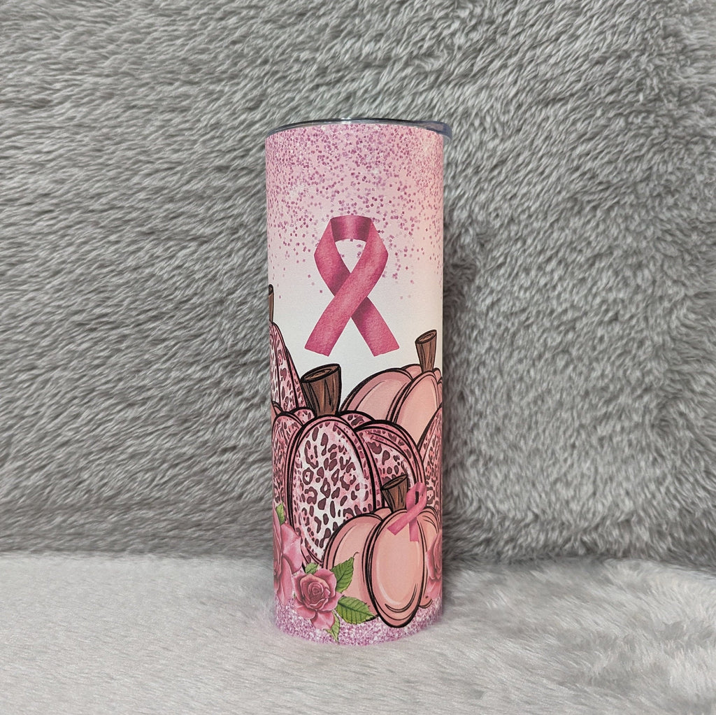 Pink Ribbon Cancer Awareness Pumpkin Tumbler, Pink Ribbon Cup, Pink Ribbon Tumbler, Pink Cancer Awareness Gift, 20oz Tumbler, Gift For Her