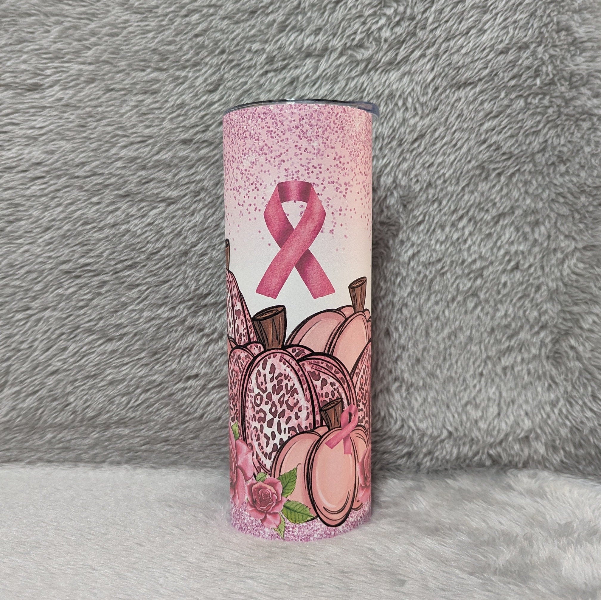 Pink Ribbon Cancer Awareness Pumpkin Tumbler, Pink Ribbon Cup, Pink Ribbon Tumbler, Pink Cancer Awareness Gift, 20oz Tumbler, Gift For Her