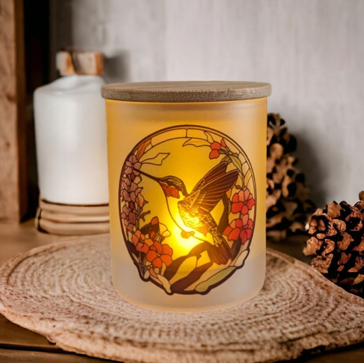 Stained Glass Hummingbird Candle Holder With A Battery Operated Flickering Tea Light