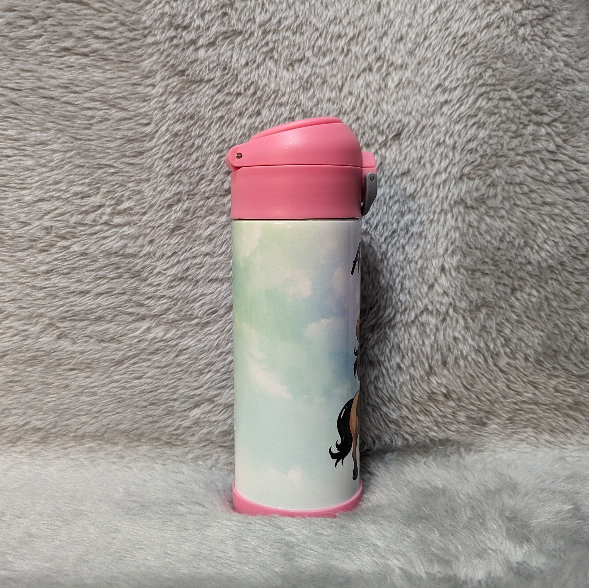 Adorable Dark Hair Cowgirl Riding Pony Kids Water Bottle 12oz With Reusable Straw Can Be Personalized