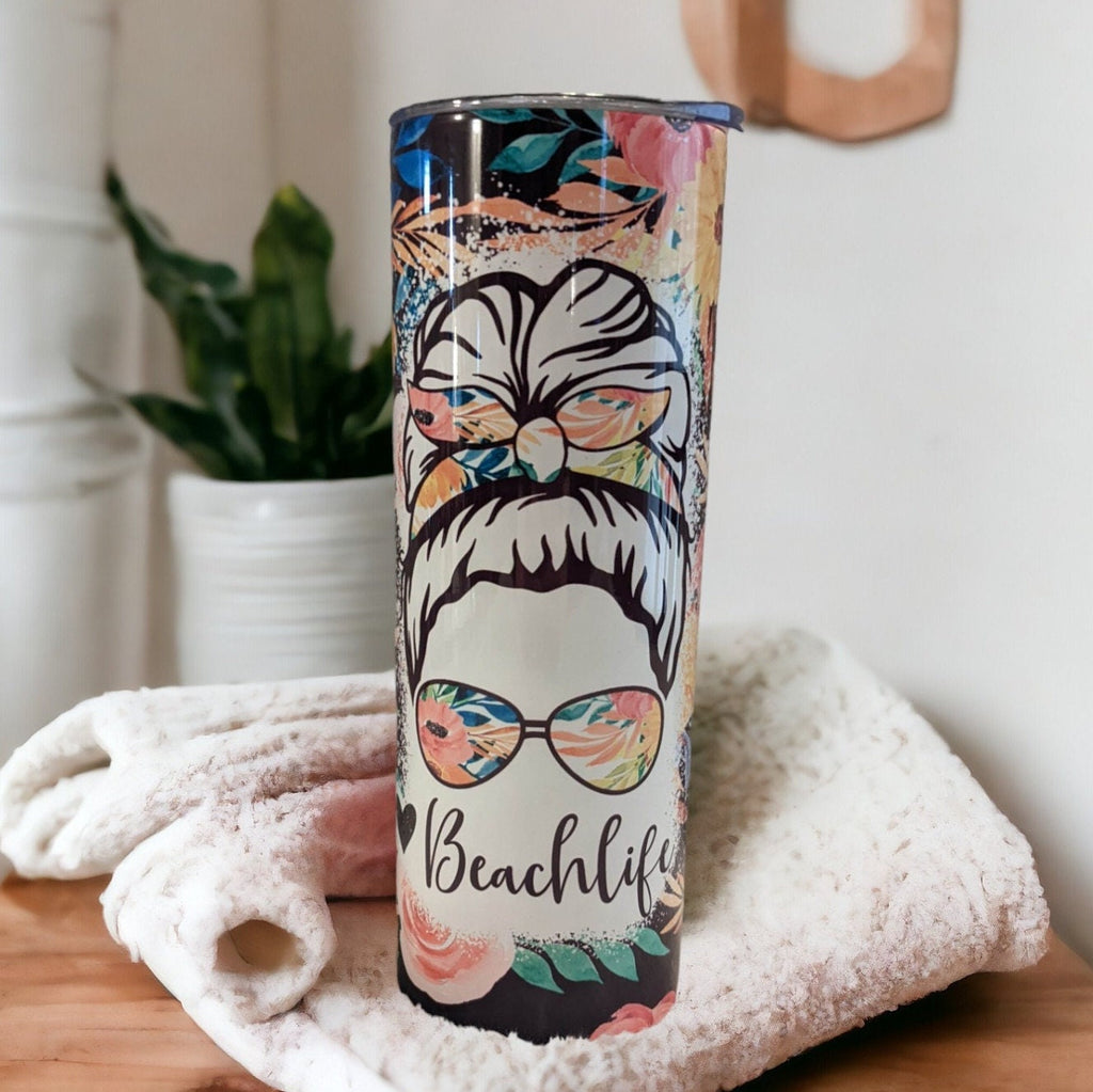 Beach Life Messy Bun Girl Tumbler 20oz With Reusable Straw