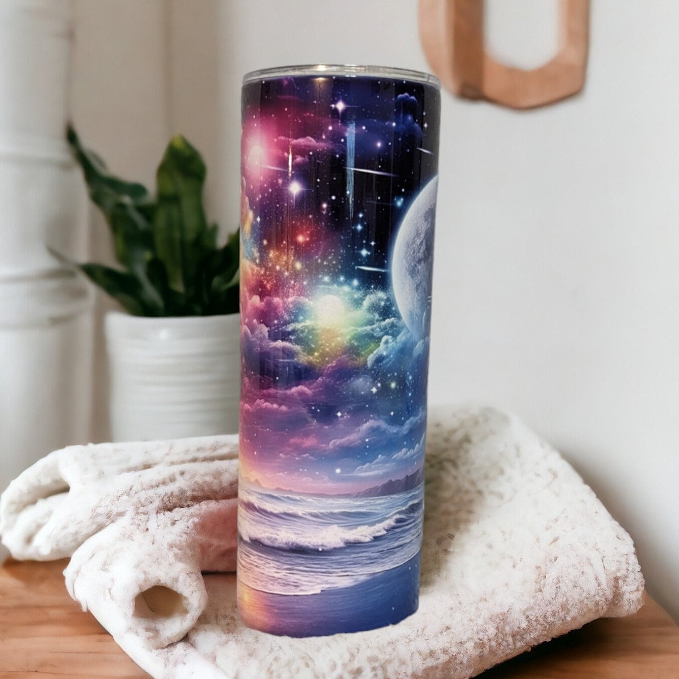Neon Color Beach Tumbler, Northern Light Tumbler, Sparkling Sky and Glistening Water, Unique Drinkware for a Vibrant Lifestyle, Beach Gift
