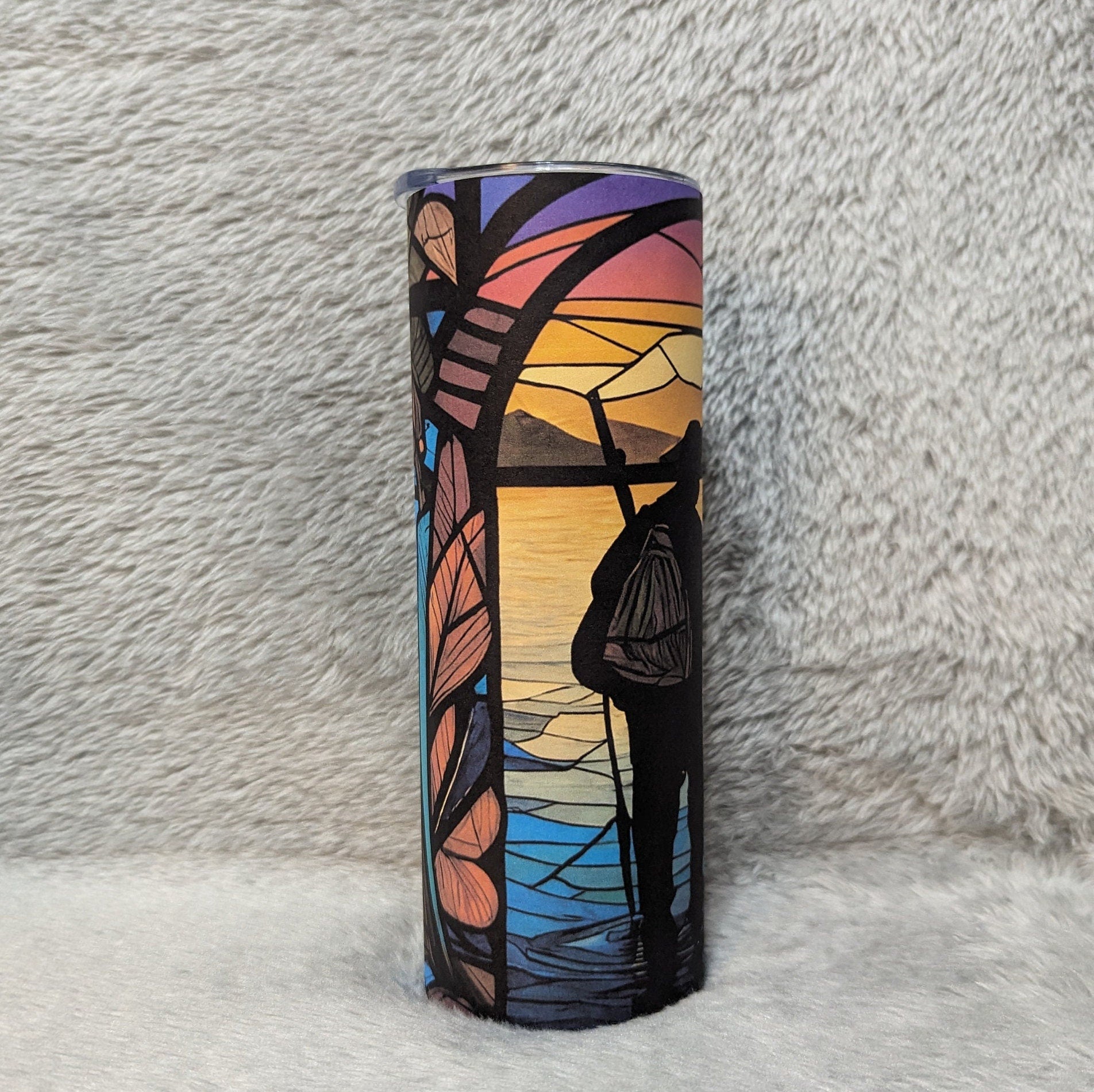 Father and Son Standing By The Lake Stained Glass Design Tumbler 20oz With Reusable Straw, Can Be Personalized