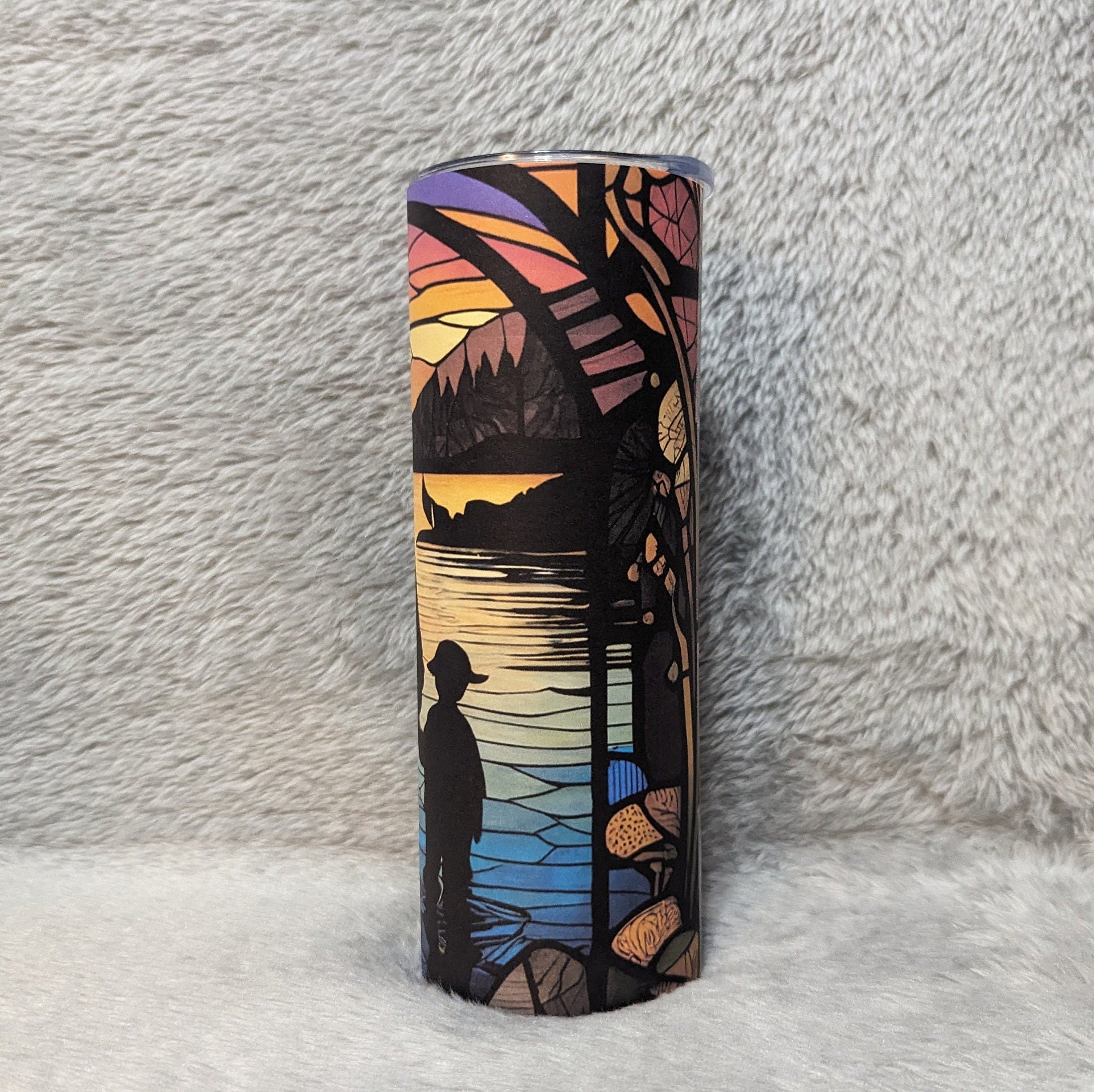 Father and Son Standing By The Lake Stained Glass Design Tumbler 20oz With Reusable Straw, Can Be Personalized