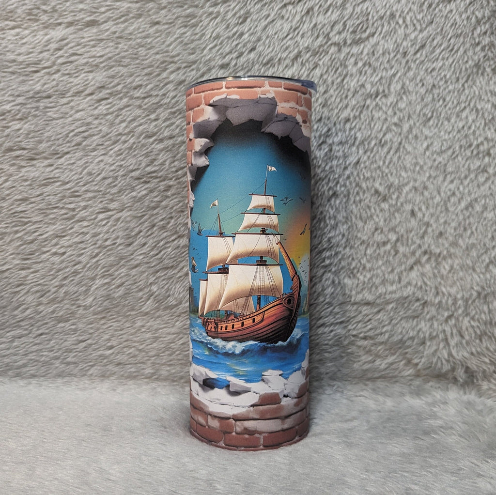 Sailboat Ship Hole In The Wall Design Tumbler, 3D Design Ship Tumbler, Includes A Plastic Reusable Straw, Hot Or Cold Drinks, Home Or Work