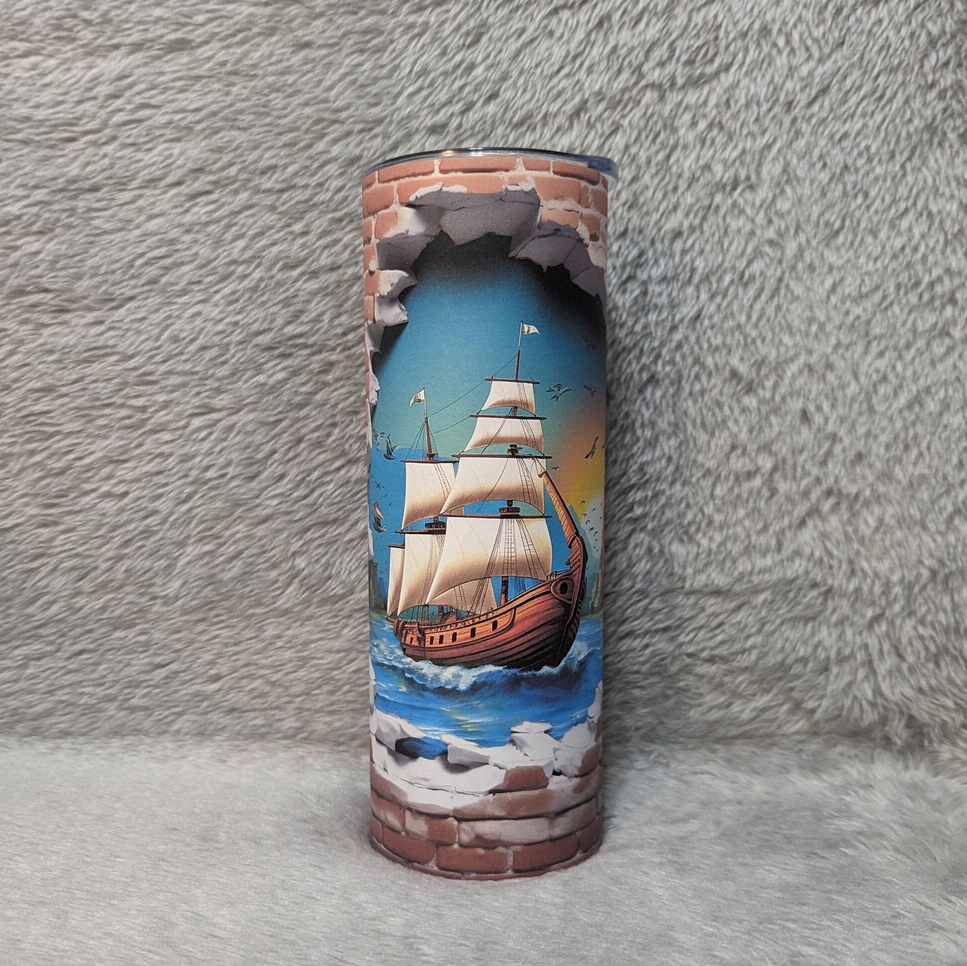 Sailboat Ship Hole In The Wall Design Tumbler, 3D Design Ship Tumbler, Includes A Plastic Reusable Straw, Hot Or Cold Drinks, Home Or Work